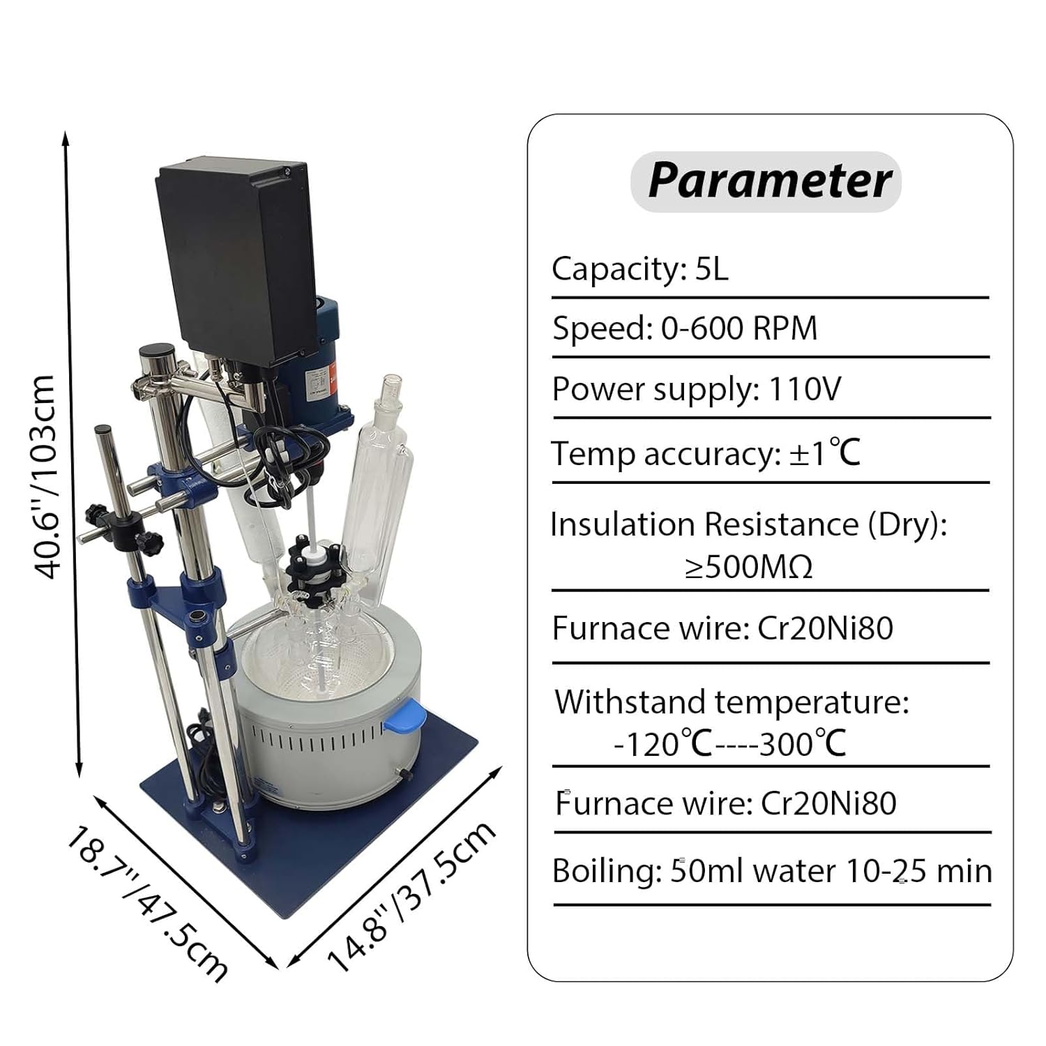5L Glass Reactor, Lab Single-Layer Chemical Reaction Vessel with Digital Display, Jacketed Reactor for Reaction Distillation, Adjustable Speed 0-600 RPM, Withstand -120℃ to 300℃