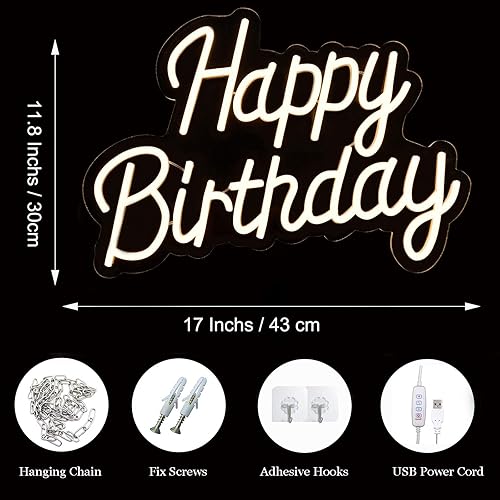Miniatura 2 de Letrero decorativo de neón de feliz cumpleaños, acrílico, 17.0 x 11.8 pulgadas, blanco cálido, estilo moderno, montaje en pared, letrero LED