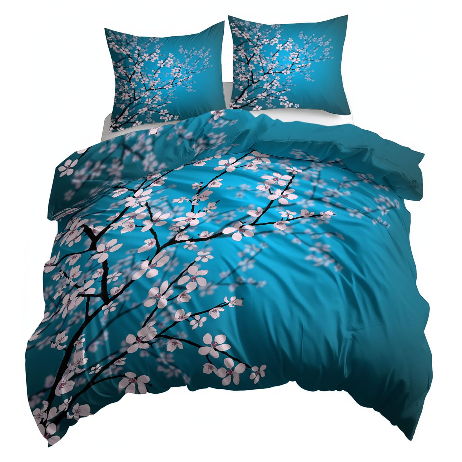Housse de Couette 240x220 cm Fleurs de Cerisier du Japon, Parure de Lit 2 Personnes avec 2 Taies d'Oreiller 65x65 cm, Imprimé Floral Zen Réversible en Microfibre Douce et Respirante, Bleu Turquoise