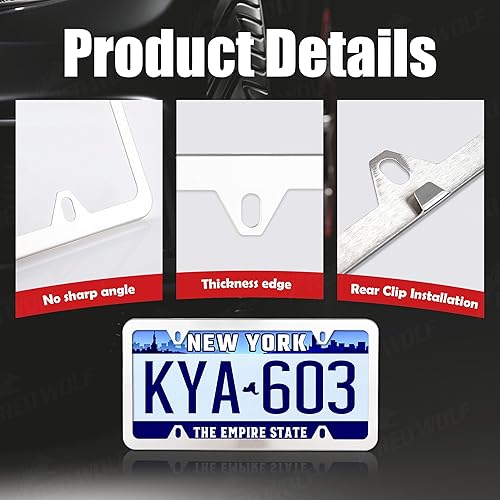 Miniatura 3 de RED WOLF Marco de matrícula de acero inoxidable para parachoques delantero y trasero, espejo de metal pulido, cubierta plateada de 12 x 6 pulgadas,