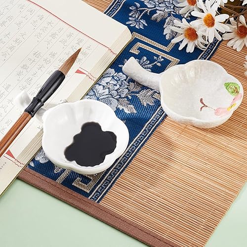 Miniatura 10 de PH PandaHall Plato de tinta para plantas, placa de tinta de porcelana con mango para caligrafía china, soporte para pincel, forma de flor, plato de