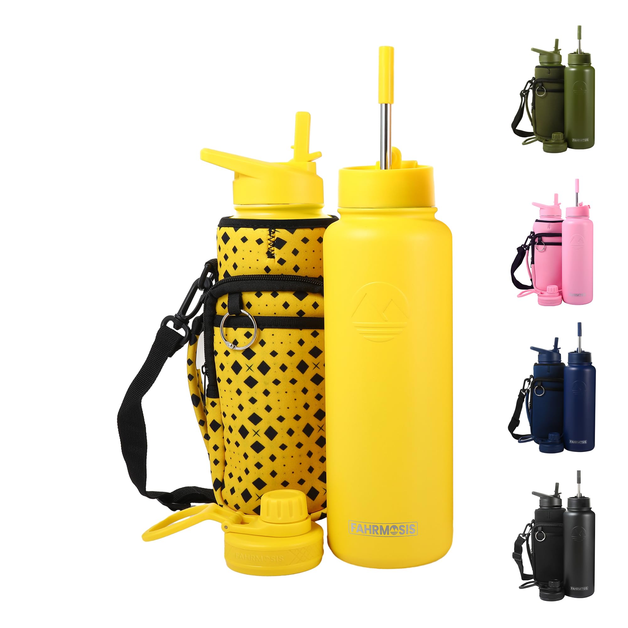 FAHRMOSIS 40 Oz Water Bottle with Strap Stainless Steel Sports Water Bottle with 3 Lids (Straw, Chug and Flip Lid) Insulated Leak Proof Metal Jug for