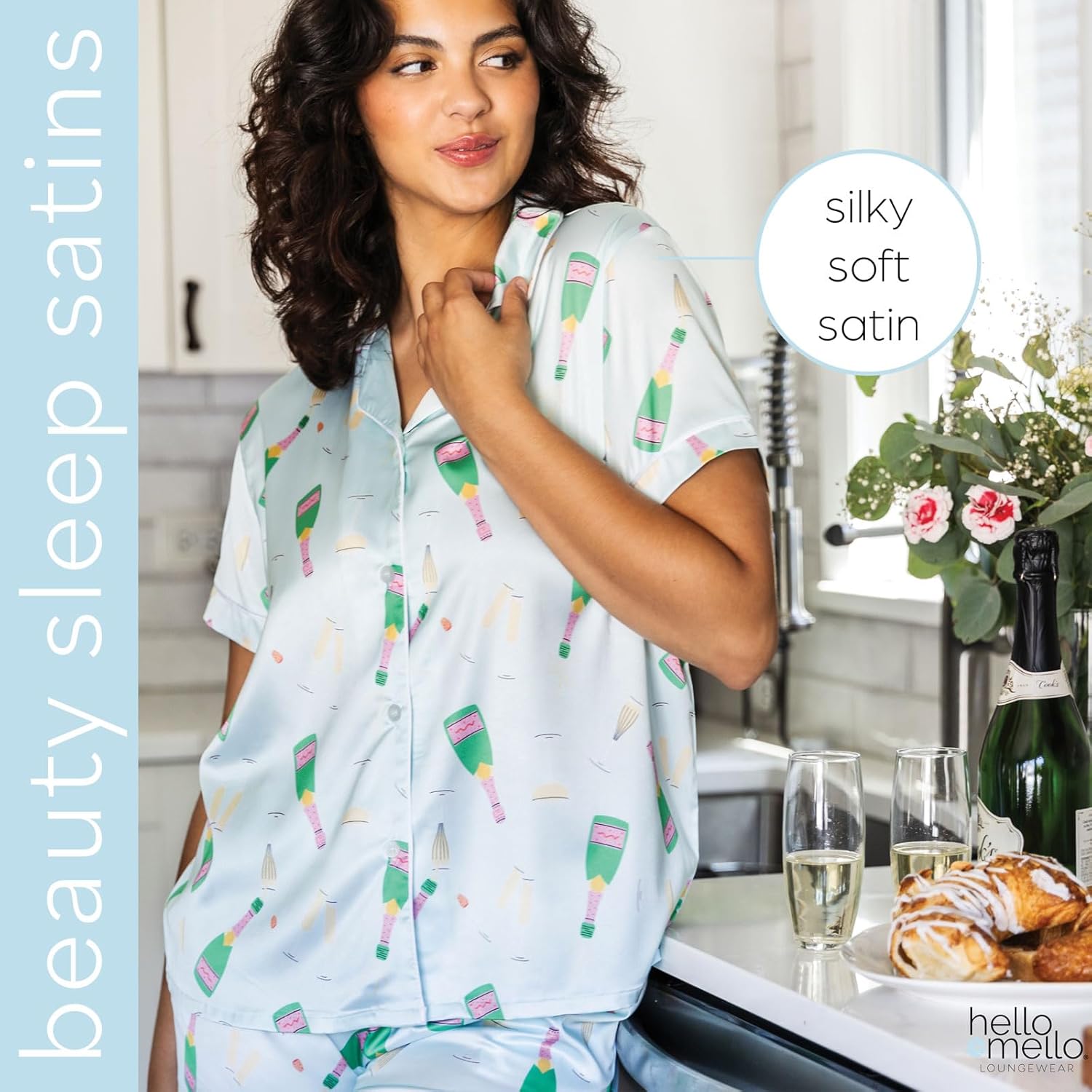 Hello Mello Pajama Top Satin Pajamas Short Sleeve Button-Down Silky Shirt for Women, Girl - Image 2