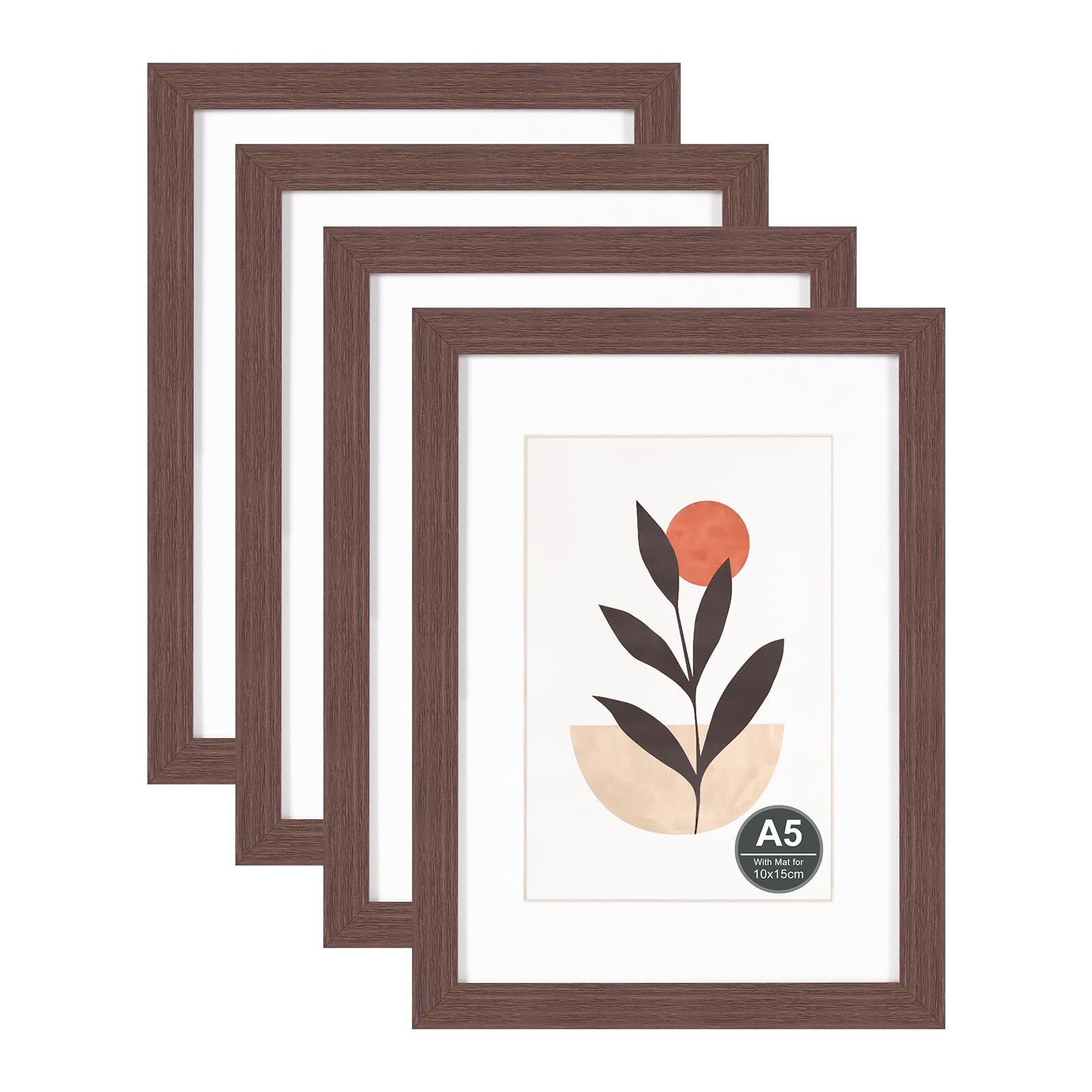 A5/15x21cm Picture Frame with 10x15cm Mount, Reddish-brown Wood Photo Frames with Perspex Front, Stand Tabletop or Wall Hanging in Living Room, Bedroom, Office, Gallery, Set of 4