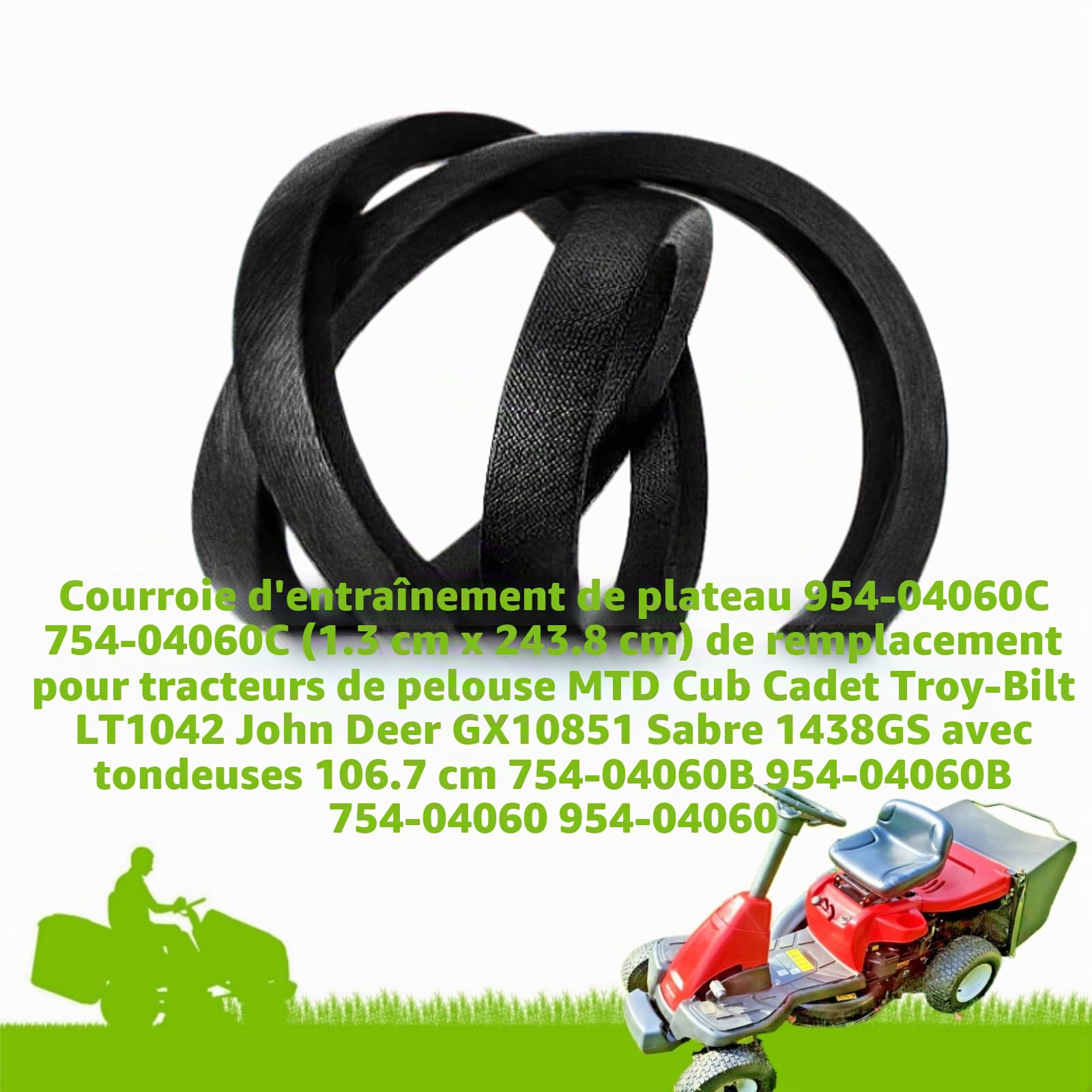 2pk Courroie de plateau de 42 pouces 954-04060C 754-04060C (1,27 cm x 24,38 m) Remplace pour MTD Cub Cadet Troy-Bilt LT1042 John Deer GX10851 Sabre 1438GS Tondeuses à gazon 754-04060B 954-04060B 754