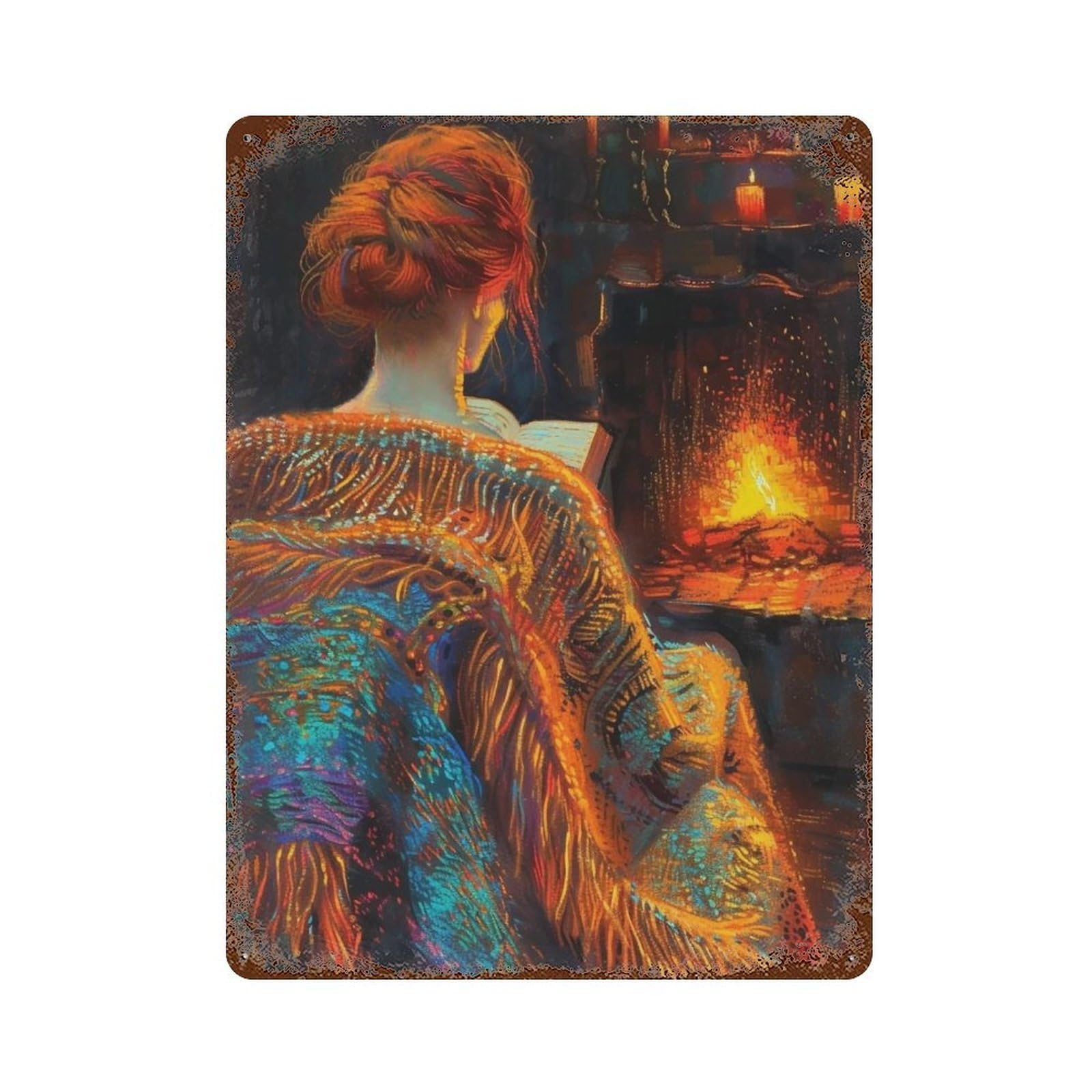 Hduryeyryy Multicolour Reading By Firelight 02 Wall Retro Iron Vintage Art Metal Tin Sign Poster Modern Home Cofffee Club Art Bar Shop Decor 40X30cm