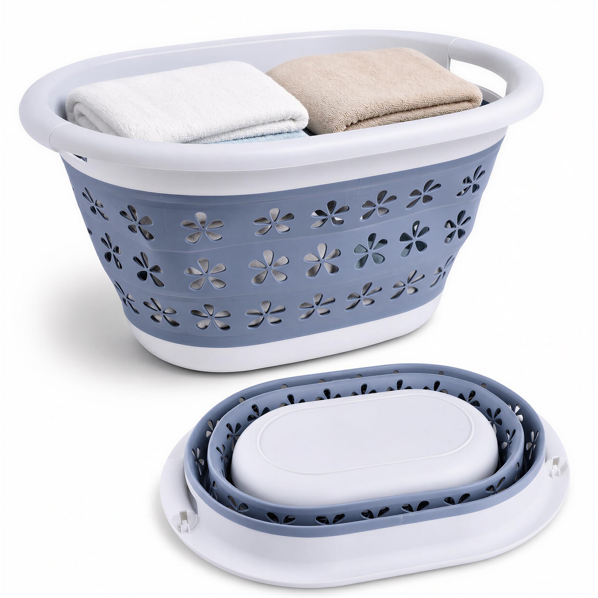 WedDecor Foldable Plastic Oval Laundry Basket 16L Clothes Bin (Grey) | Sturdy Foldable Washing Bin Basket for Clothes Storage, Laundry Room, Bedroom, Bathroom & Home Organisation