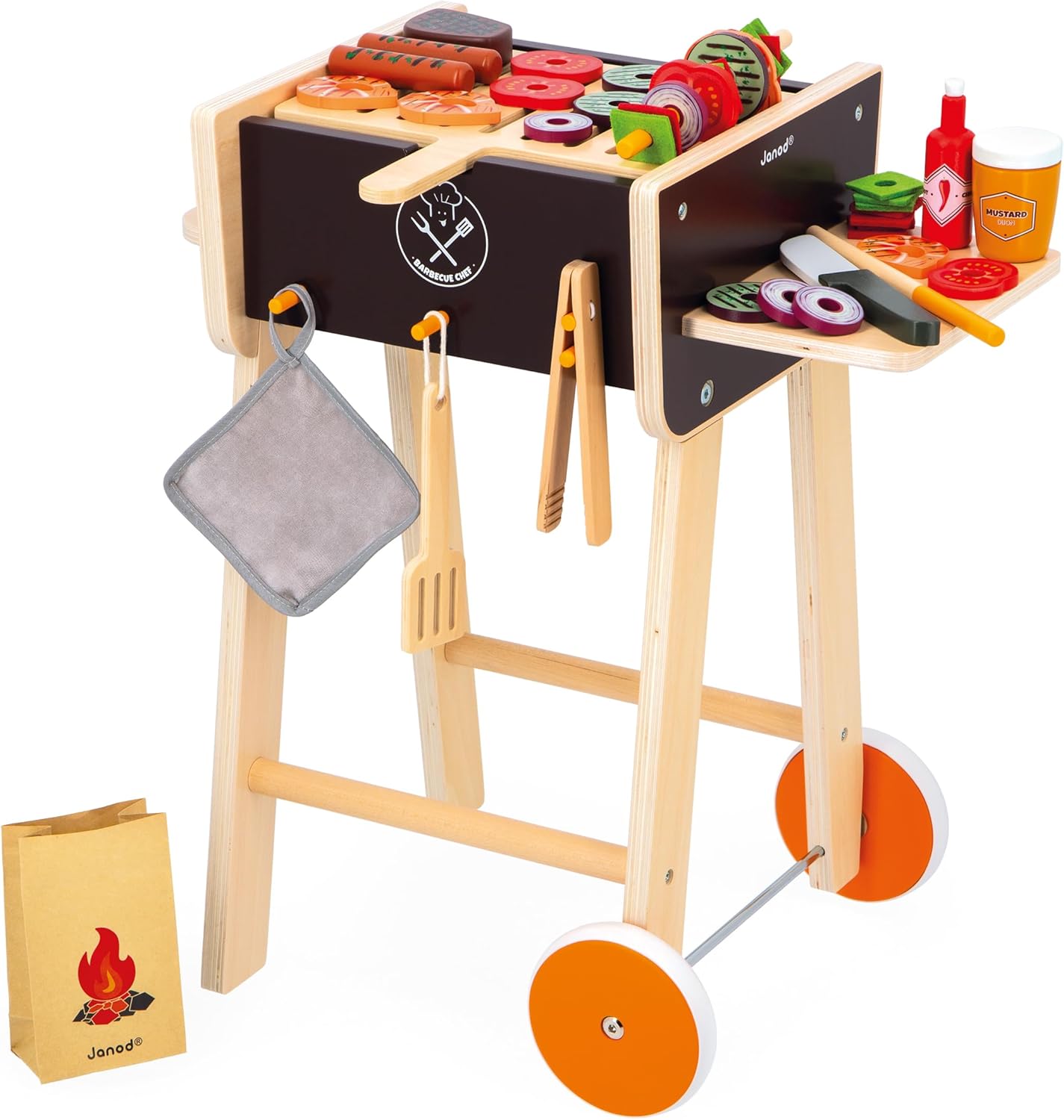 Janod - Pretend Play Wooden Barbeque Playset 20" Tall - Ages 3-6 - Pretending to Cook Meals - Realistic Grilling Experience - Over 50 Accessories Included - J06619