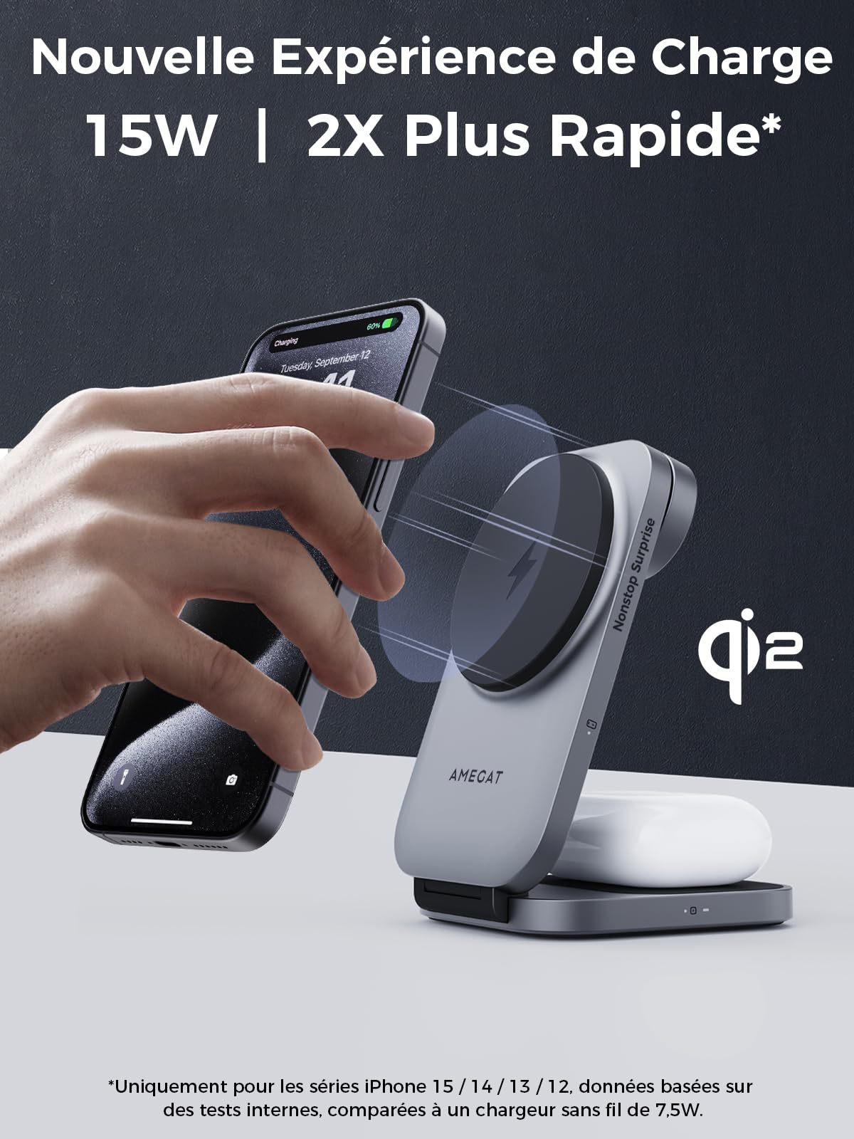 Station de Charge 3 en 1 Qi2, Chargeur Induction 15W Compatible avec Magsafe, Chargeur Pliable sans Fil pour Apple Watch, iPhone 17/Air/16/15/14/13/12, Pixel 10 Series, AirPods, Gris