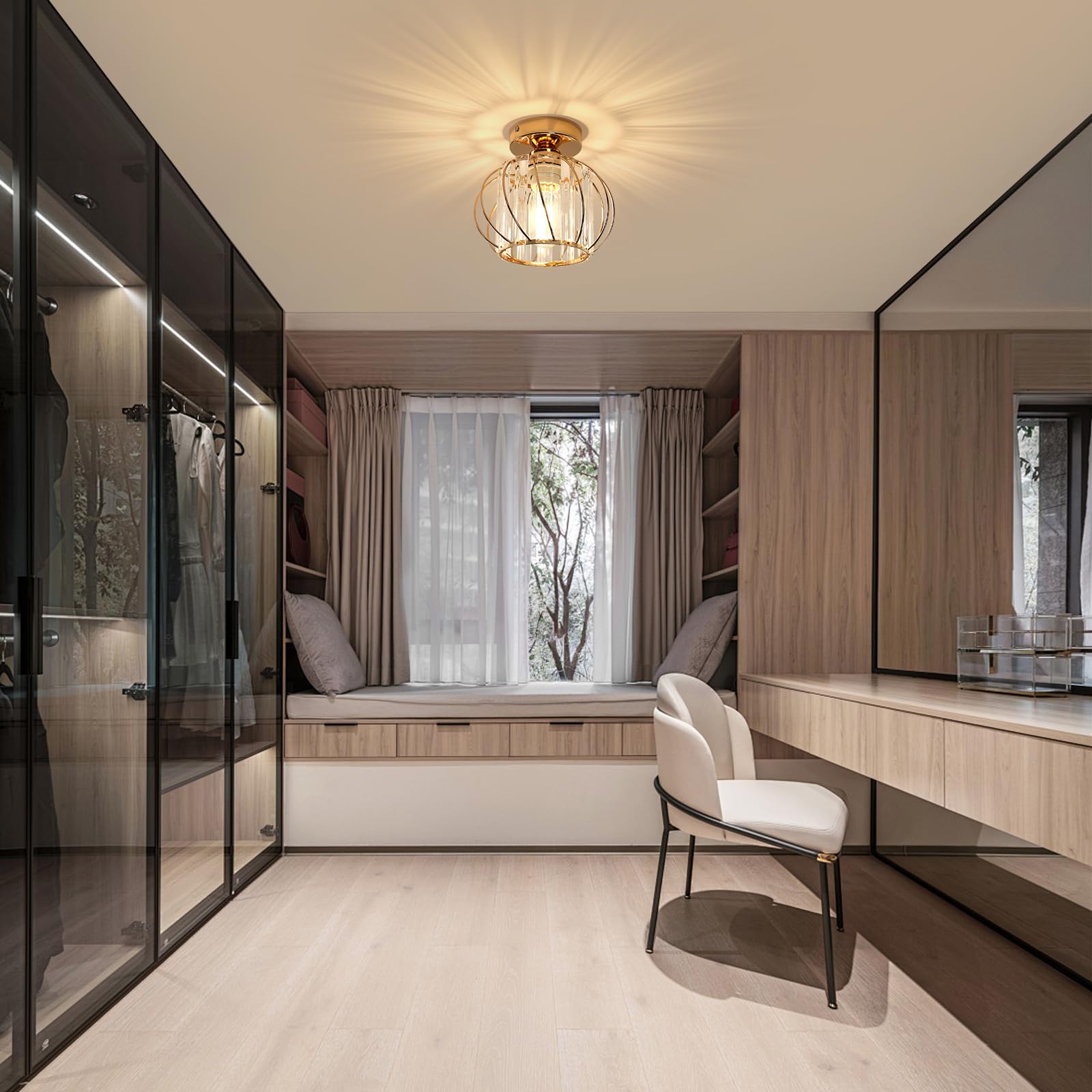 Lámpara de Techo de Cristal Dorado 2 Pack | Plafones Modernos con Enchufe E27, Lámpara de techo Metal para Salón, Dormitorio, Pasillo