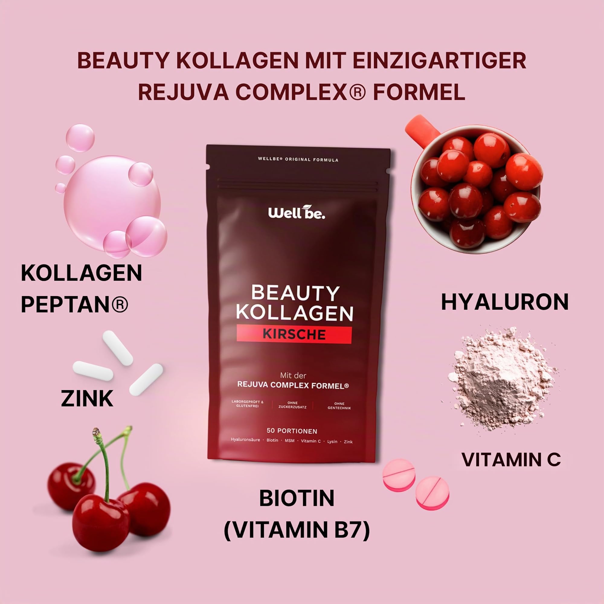 Wellbe Kollagen Pulver Kirsche - hochdosiert mit maximal bioaktivem Kollagen Hydrolysat, Biotin, Zink, Vitamin C & Hyaluron - Collagen Pulver - Kollagenpulver Peptide Made in Germany 3x250g