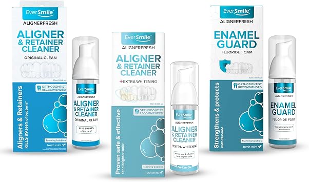 EverSmile Aligner Care Bundle AlignerFresh Original Clean Foam 50ml + Extra Whitening 50ml + Enamel Guard Fluoride Invisalign & Clear Retainer Cleaners