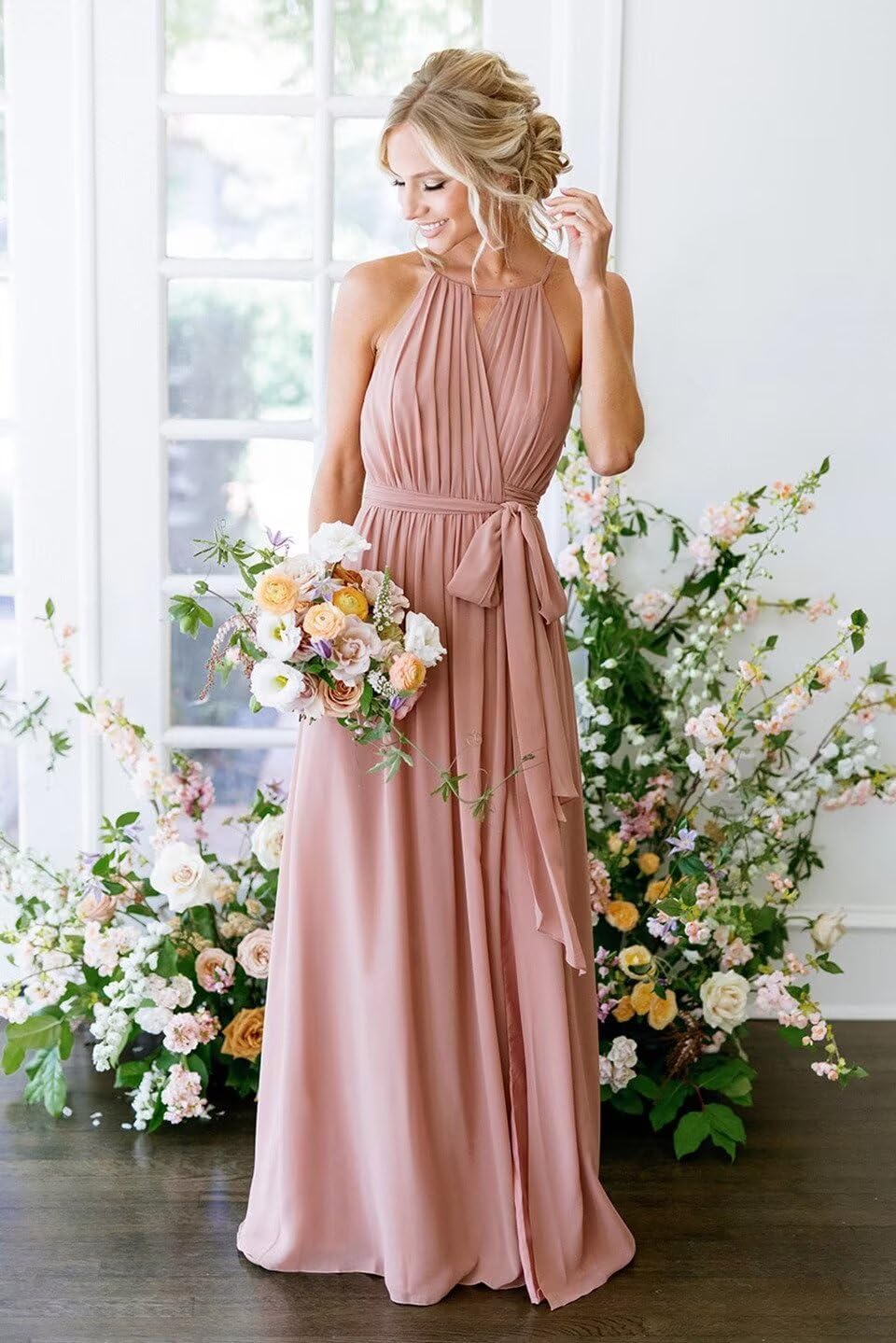Women's Halter Long Bridesmaid Dresses with Pockets Pleated Chiffon Formal Evening Party Gown - Image 3