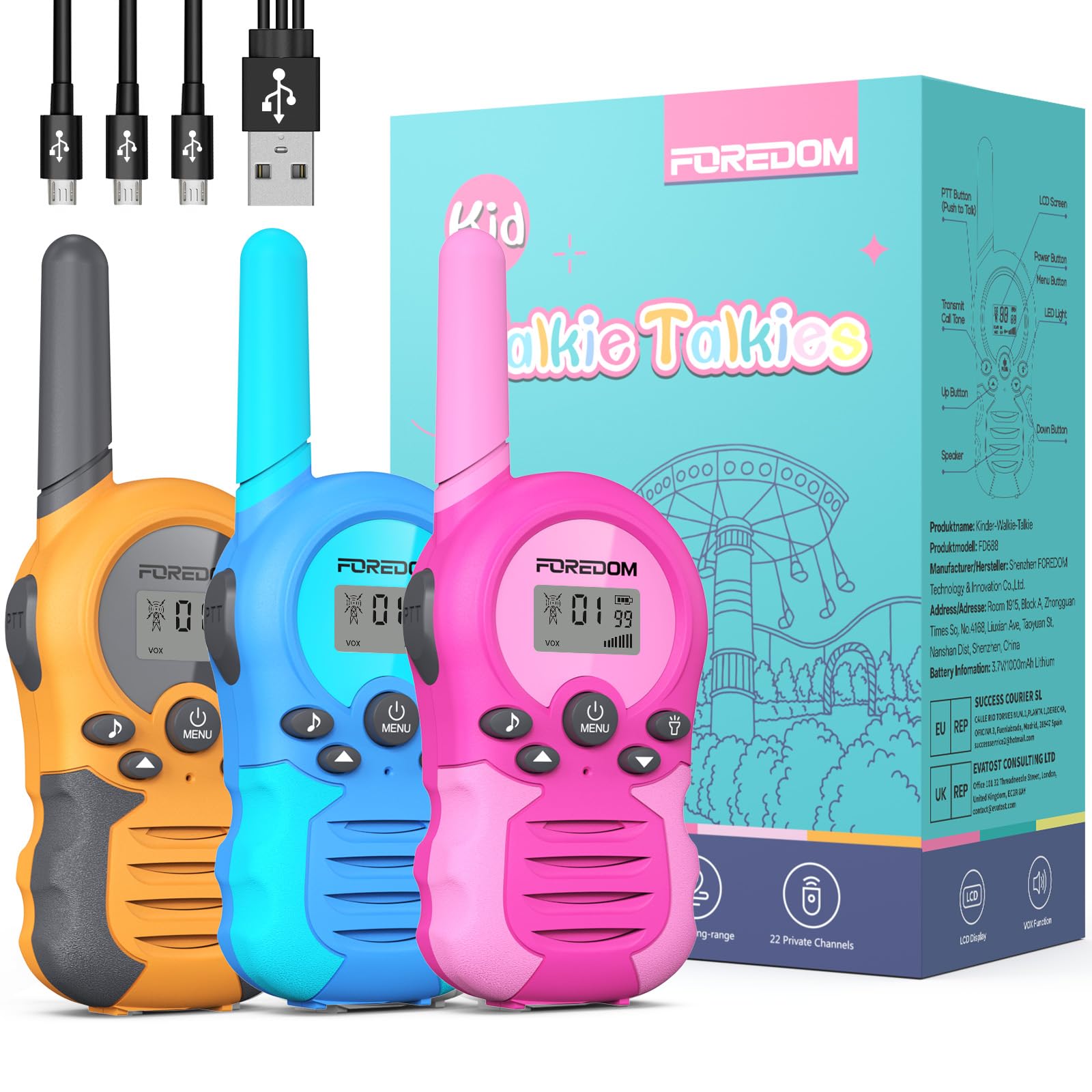 FOREDOM Wiederaufladbare Walkie Talkies für Kinder Walkie Talkies Funkgeräte Set Spielzeug für Jungen & Mädchen 3-12 Jahre, Abenteuer, Camping, Wandern – 3er Set