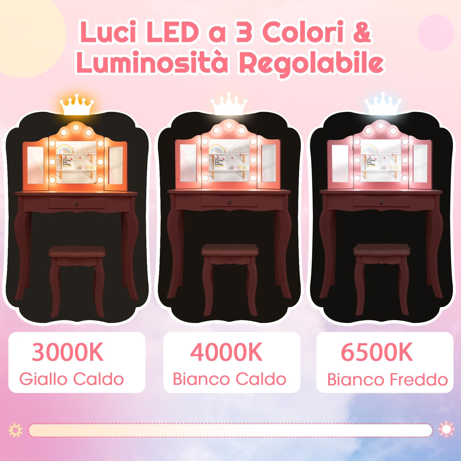 COSTWAY Toeletta Trucco 2 in 1 per Bambina, Specchiera Staccabile per Ragazza in Legno con Sgabello, Cassetto, Ripiani e Giocattoli, Postazione Trucco per 3 Anni, 70 x 34 x 103 cm (Rosa)