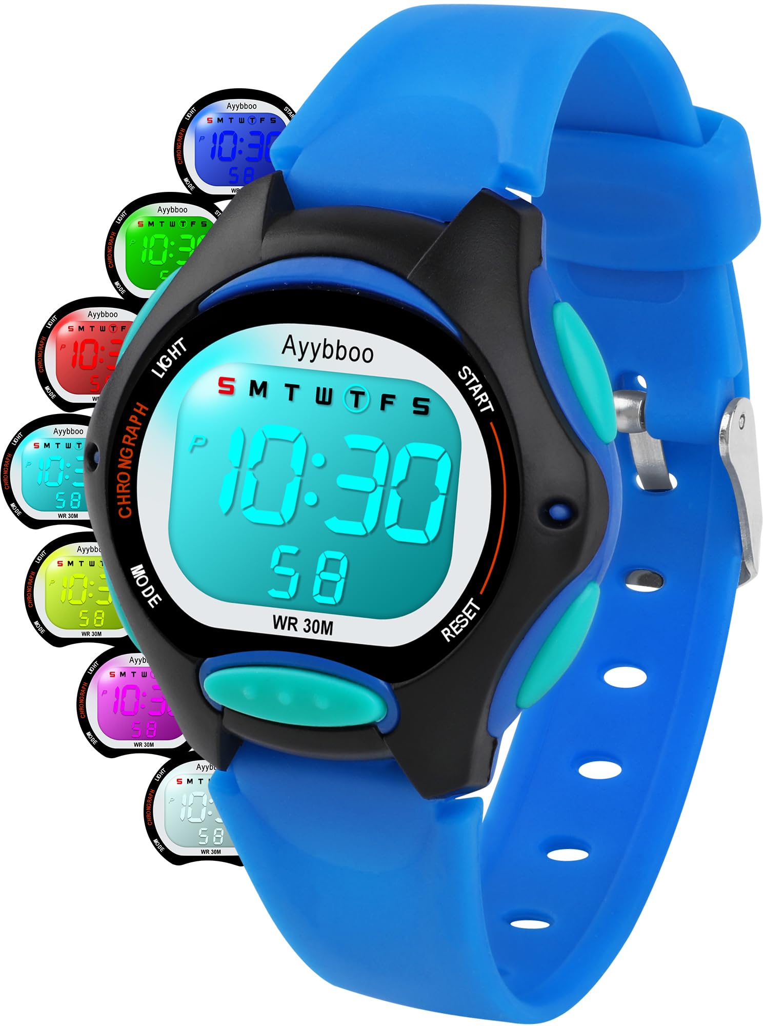 Ayybboo Reloj Niño Digital Infantil con 7 Luces LED,Impermeable 3 ATM, Alarma,Fecha,Cronómetro,Reloj Deportivo de Pulsera para Niñas y Niños,Regalo Ideal