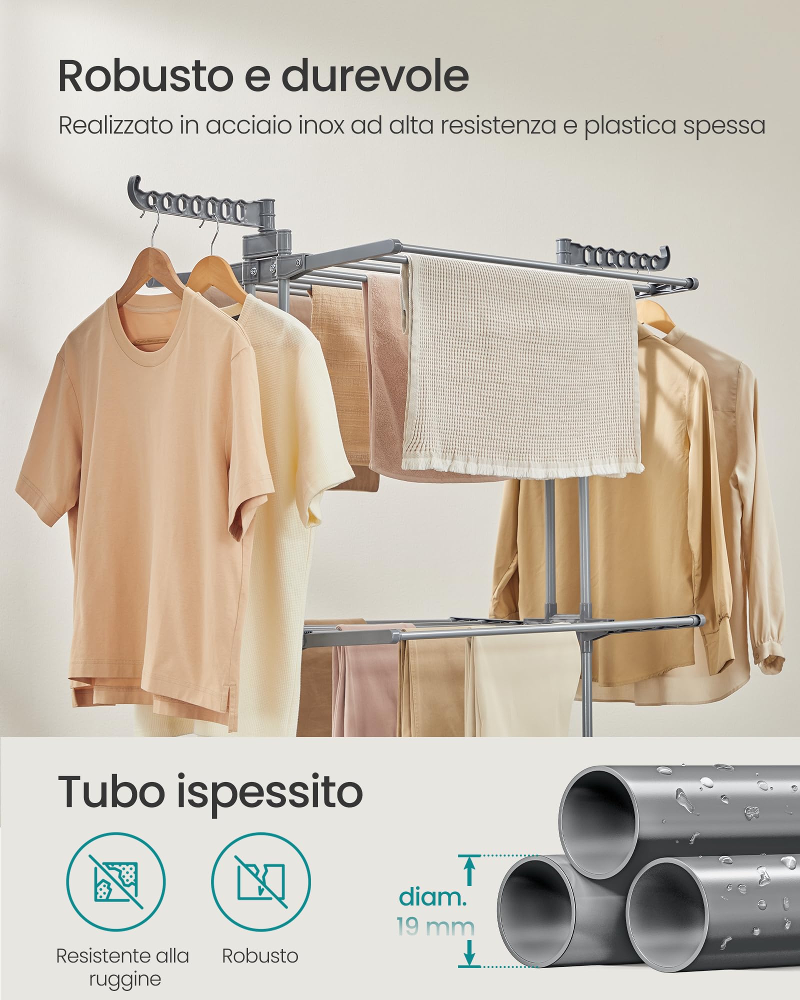 SONGMICS Stendibiancheria, Stendino Pieghevole a 3 Livelli, con Ruote e Ali Richiudibili, 63,5 x 128 x 148 cm, Capiente, Uso Interno ed Esterno, Grigio Tortora LLR702G01