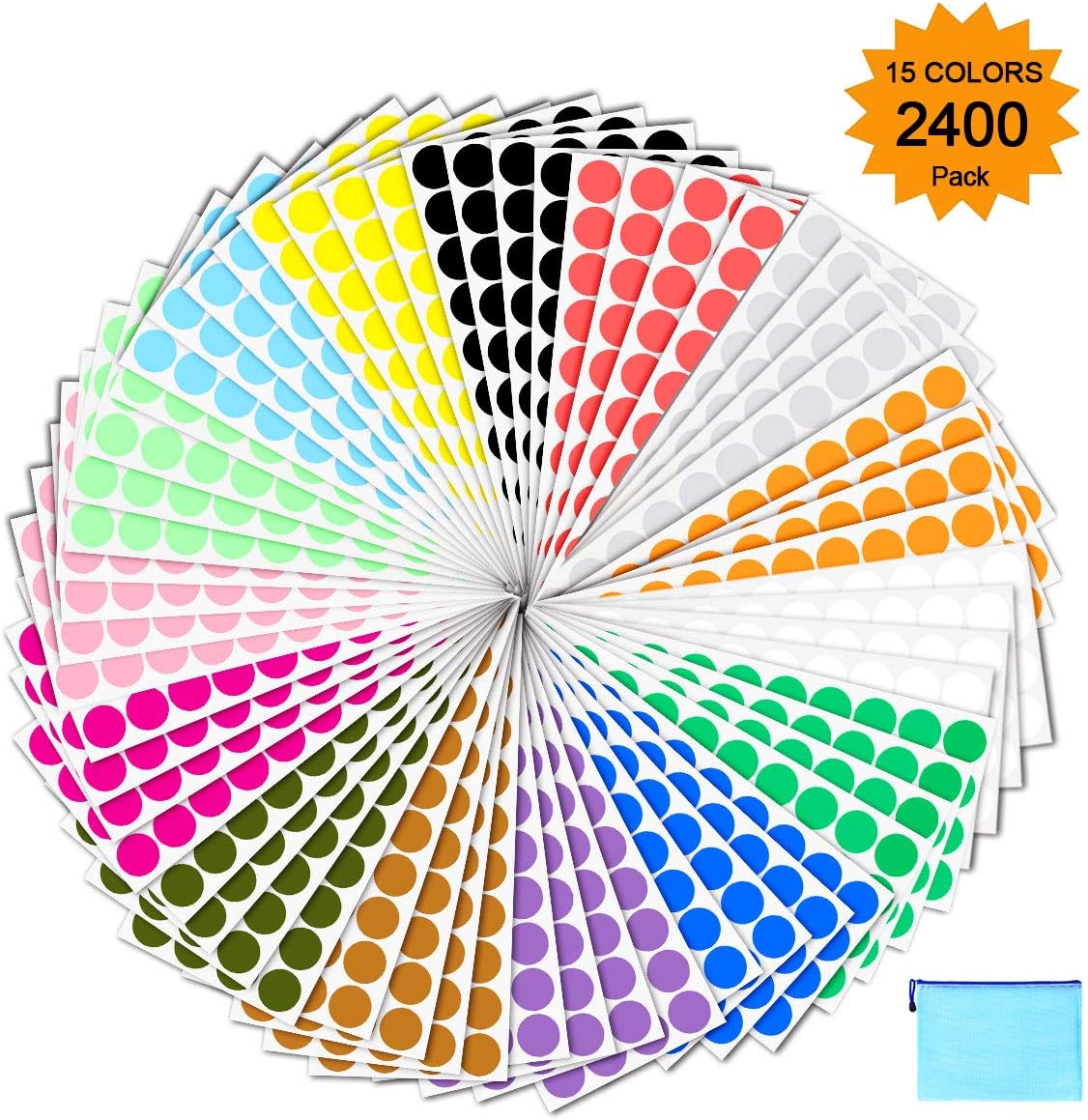 Pack of 2400 3/4" Round Color Coding Circle Dot Sticker Labels - 15 Assorted Colors, Zipper File Bag Included for Easy Storage