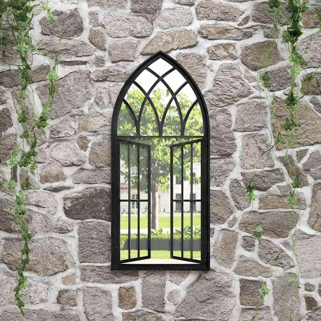 Espejo de jardín negro de hierro, 100 x 45 cm, espejo de pared con efecto oxidado, para decoración de jardín, espejo colgante con cristal para reflexión de la luz y aumento de espacio en
