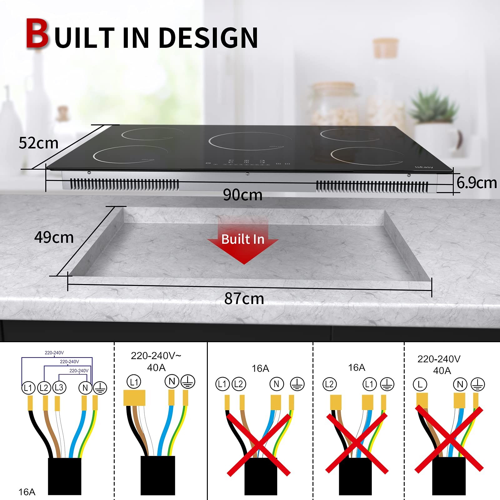 Piano Cottura a Induzione 5 Fuochi, Piano Cottura Elettrico 90 cm 8600 W piastra a Induzione Integrata, Controllo Touch, Blocco Sicurezza Bambini e Timer