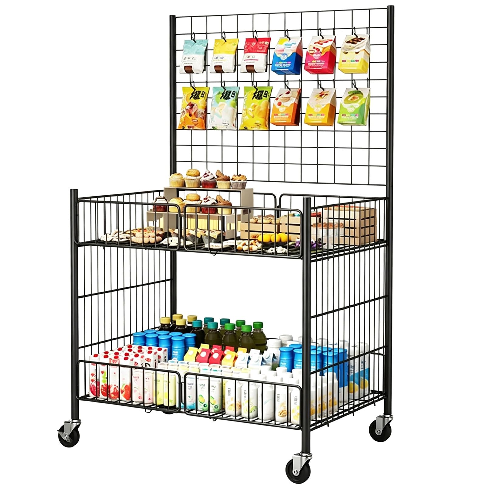 Carrito de Venta Ambulante Marco de Acero Al Carbono 50kg Carga 10 Ganchos Plegable Rápido para Mercadillos Al Aire Libre Ferias de Artesanía(Black,100x55x130cm)