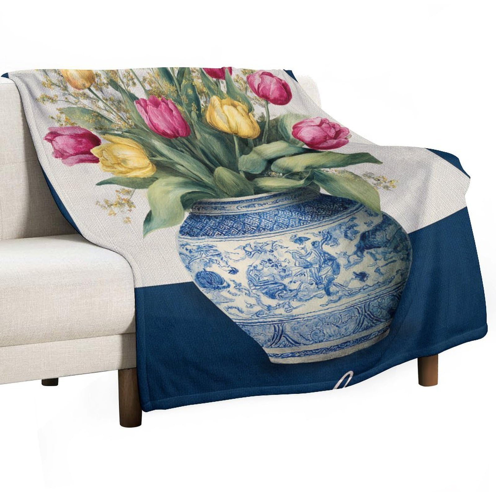 Jubonexis Yellow Tulips And Large Green Leaves Anti Pilling Throw Blankets Cozy Durable Blanket for Bedroom Living Rooms Couch Sofa Bed 130x150cm(50x60in)