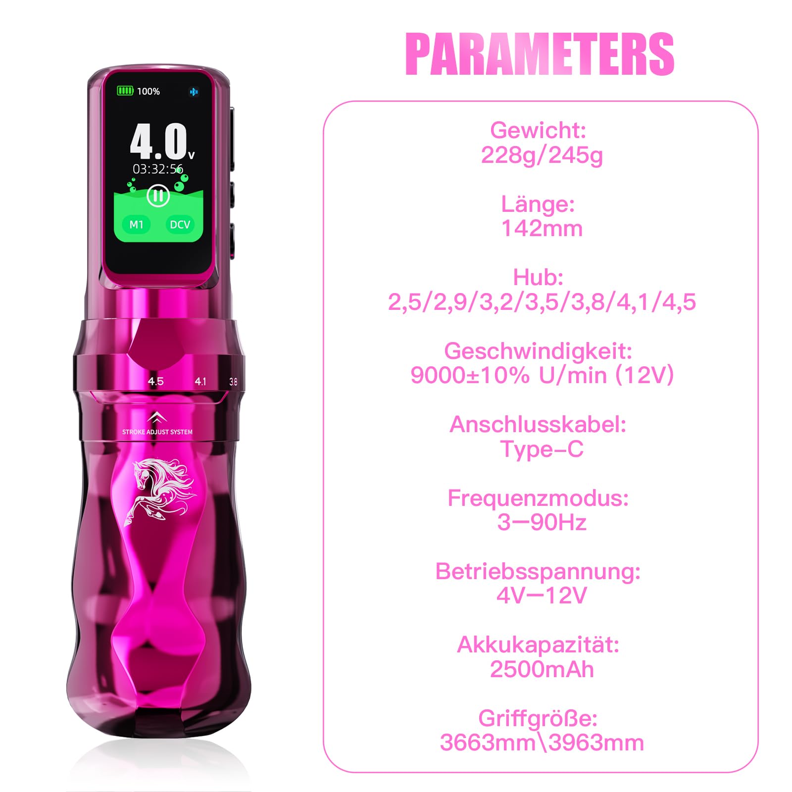 Dragonhawk Fold Pro Kabellose Tätowiermaschine, 2,5–4,5 mm Hublänge, Year of The Horse Edition, mit 2 Akkus Für Professionelle Tätowierer Rosa