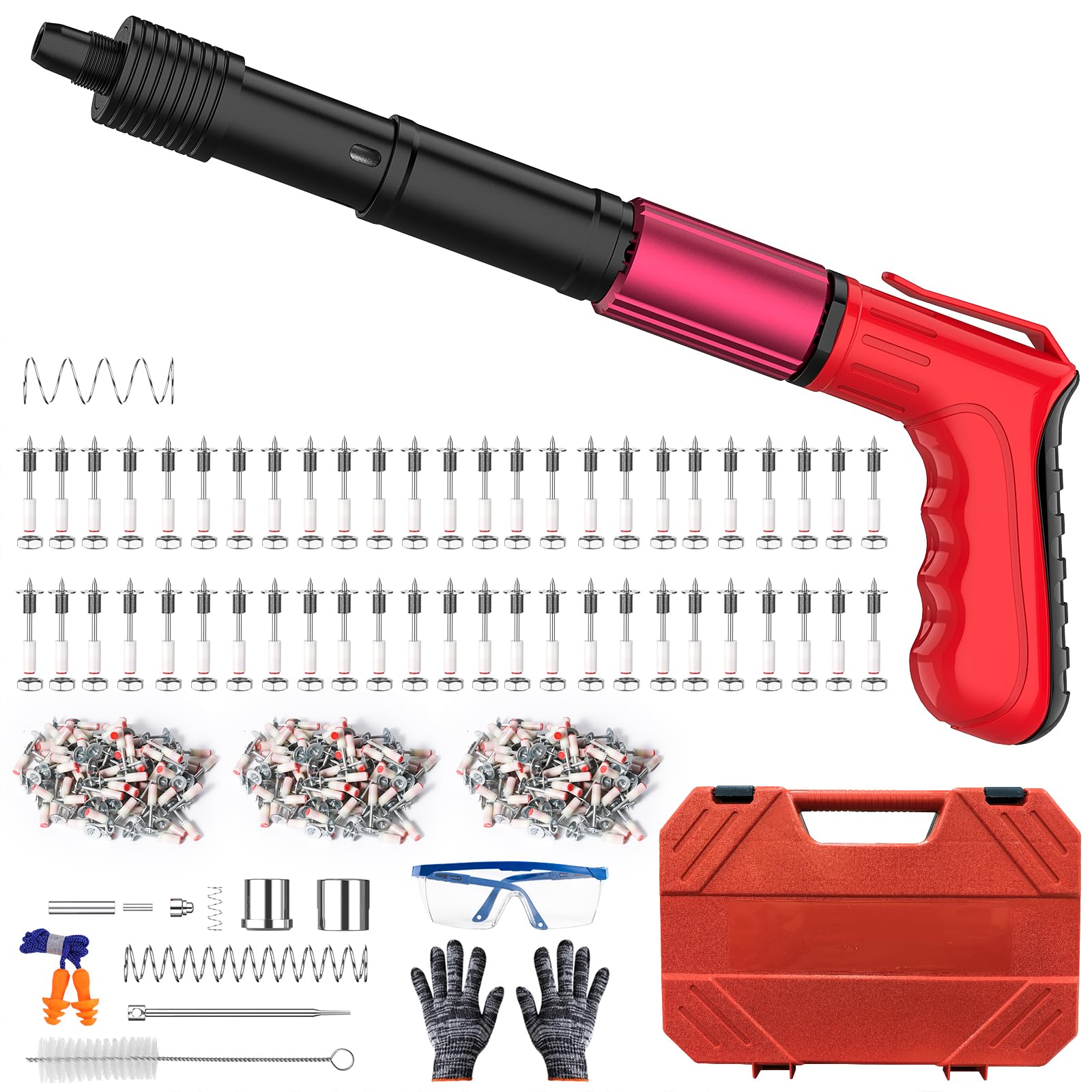 Pistola de clavos manual, mini pistola de clavos para hormigón, 5 velocidades, con 150 clavos redondos, 50 clavos para tornillos, pistola de clavos silenciosa para paredes de ladrillo, trabajo en