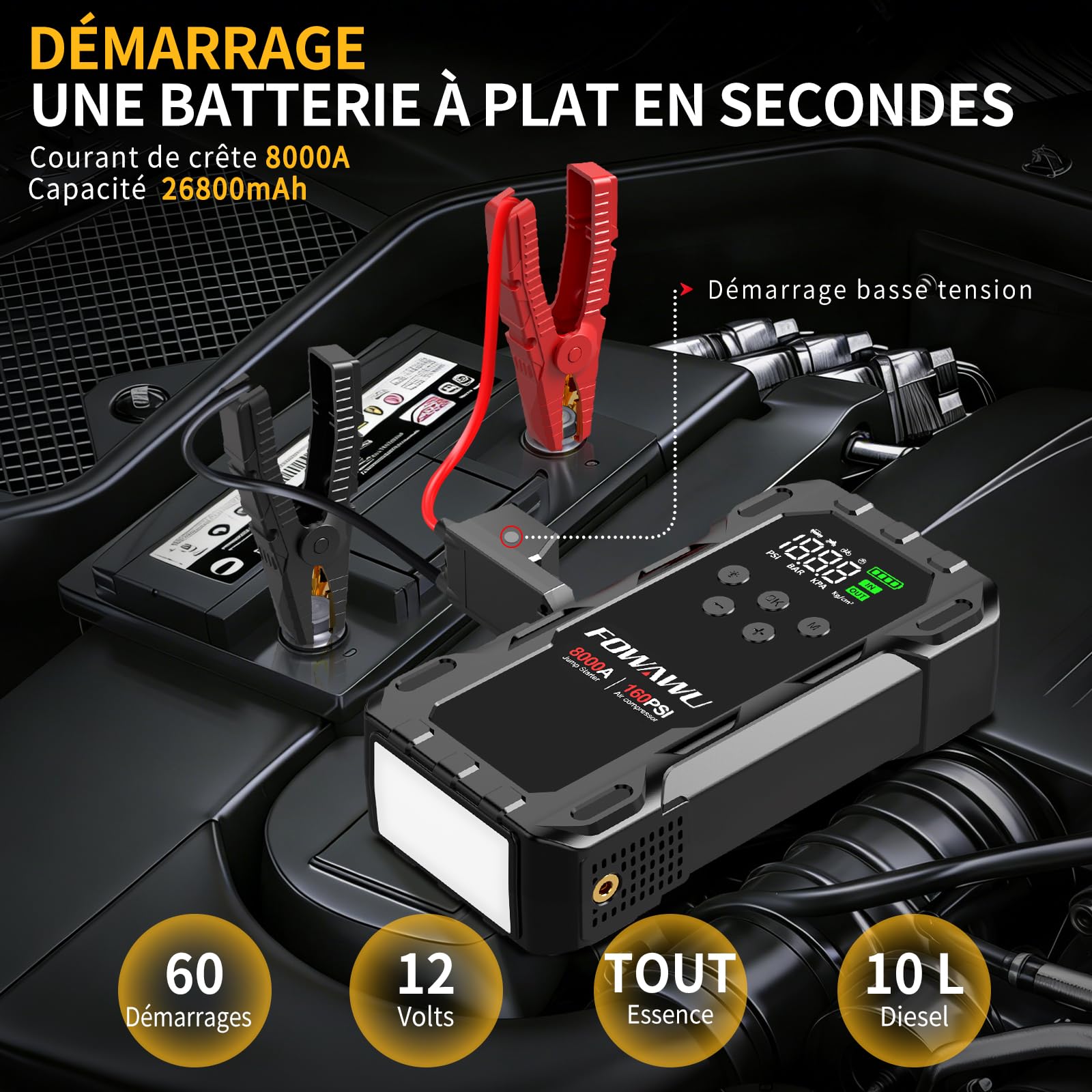 FOWAWU Booster Batterie Voiture avec Gonfleur 10-en-1, Démarreur de Batterie 8000A 26800mAh(All d'essence / 10 L Diesel), Gonfleur Pneus Voiture 160psi Arrêt Automatique, Mode Forcé à Basse Tension