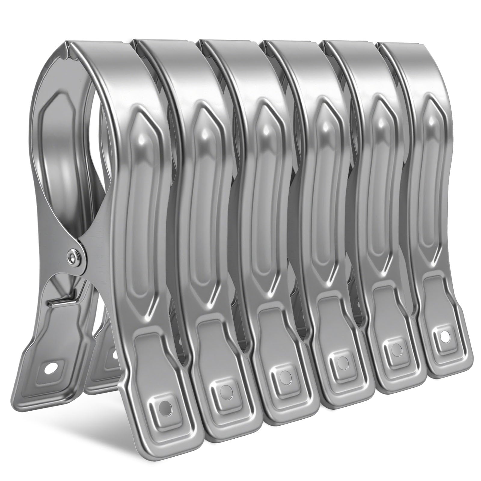 Vicloon 6 Pieces - Silver Stainless Steel Beach Towel Clips, 6 Pcs 12Cm Large Stainless Steel Sunbed Towel Pegs, Stainles Steels Laundry Clip Towels Pegs For Sunbeds, Sun Loungers, Pool Chairs, Laundry