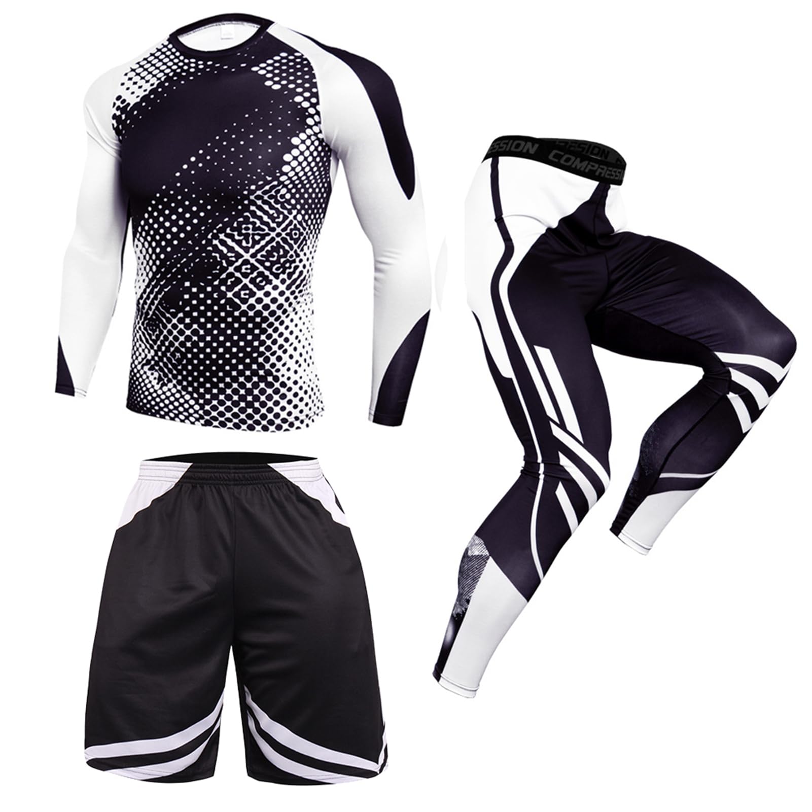 3 pièces Ensemble Compression Homme Tenue, Sport Fitness Vêtement, Running Shirt Compression Legging Sport Short, Running Jogging Cyclisme
