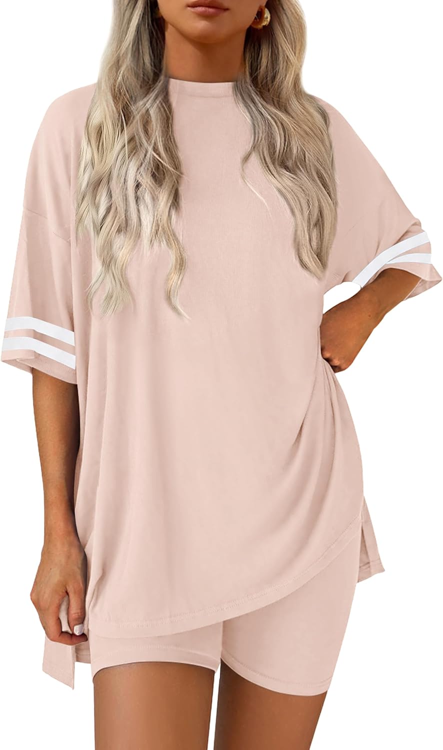 Ekouaer Womens Pajamas 2 Piece Lounge Set Casual Oversized Short Sleeve Tops Biker Shorts Set Comfy Pjs Outfits S-XXL