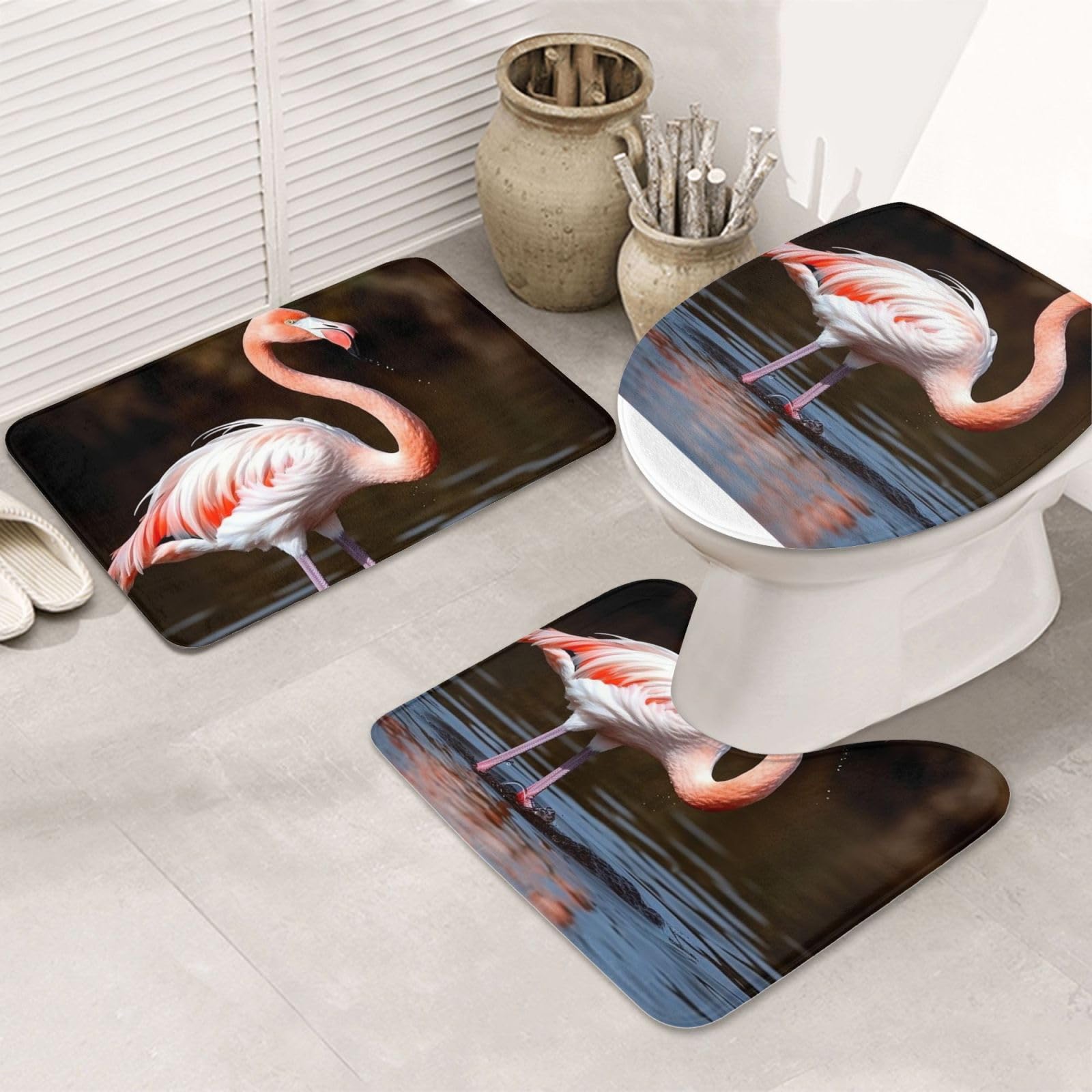 Tapis de bain motif flamant rose de qualité supérieure - Ensemble de 3 tapis absorbants
