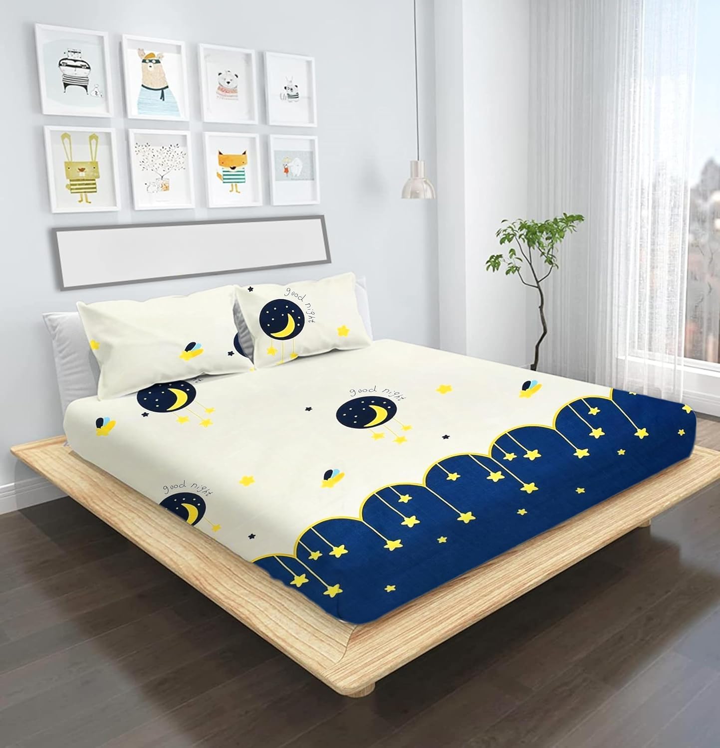 NGN Double Bedsheet for Girls Cute Unicorn Cartoon Bedspread for Kids Room Made with Pure Microfiber 1 Bedsheet and 2 Pillow Cover (Size 90 X 90 Inches)(Colour-Blue and White)