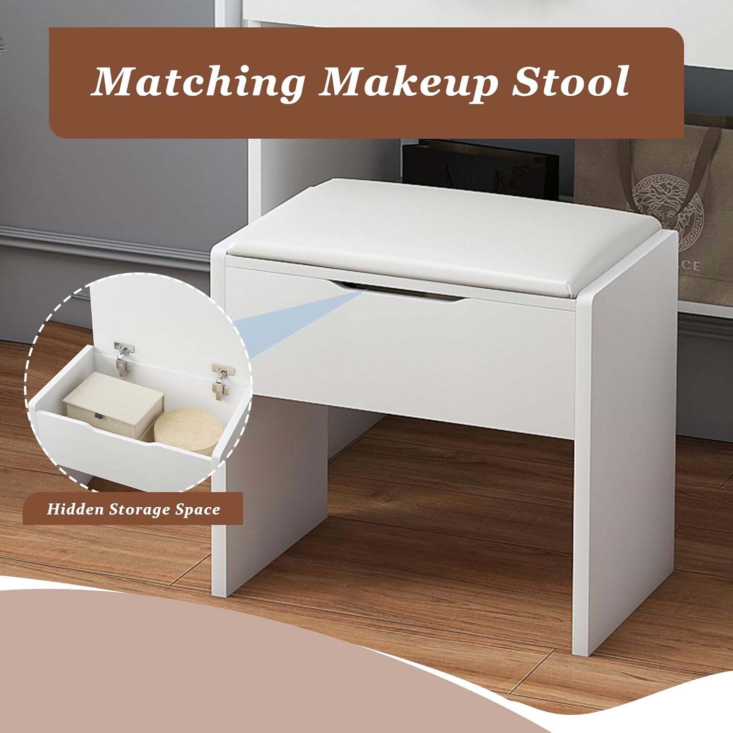 White Vanity Dressing Table with LED Mirror & Power Outlet – Makeup Desk with 3 Drawers, 7 Shelves, Storage Stool & Drop-Leaf Top, 3 Lighting Modes, Organizer for Bedroom or Dressing Room