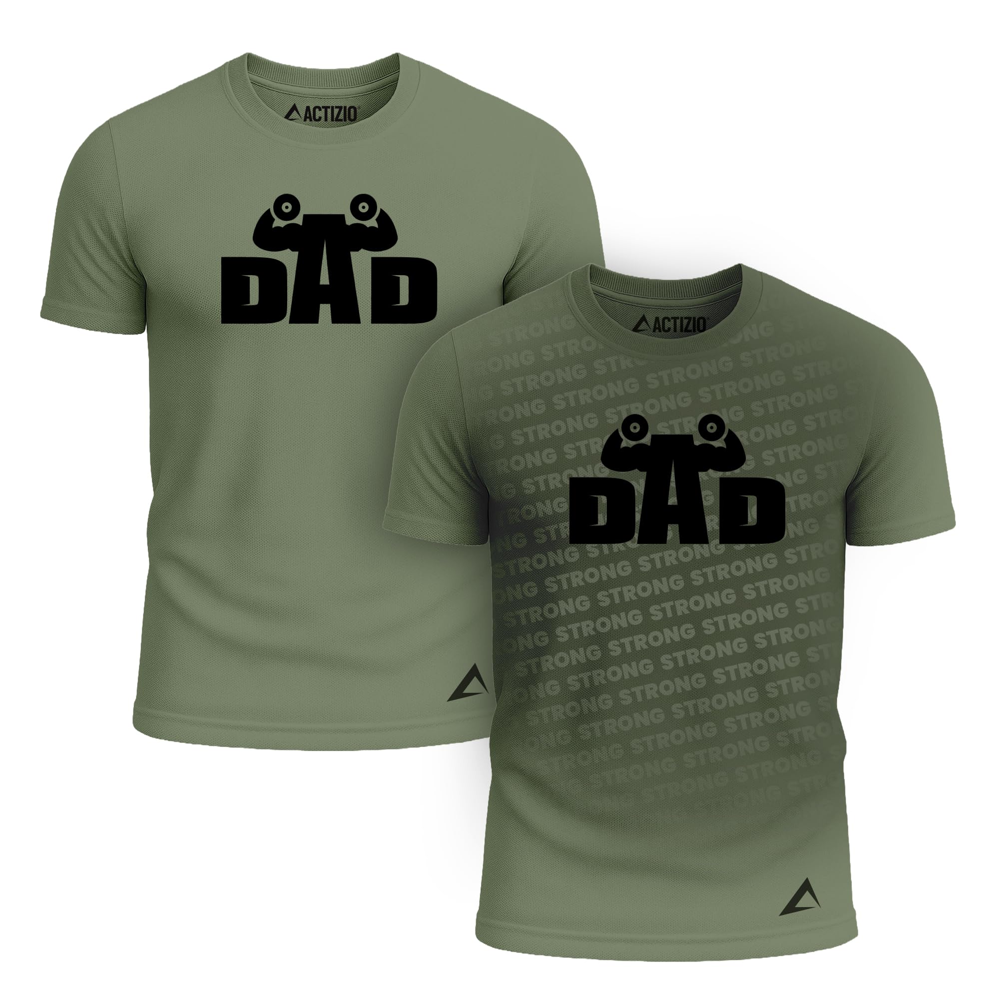Actizio Men's Workout Shirt Performance Fabric T-Shirt Short Sleeve Sweat Activated Motivational Exercise Gym Athletic Fit Moisture Wicking Fitness Shirt - Dad Strong, Army Green (Size S)