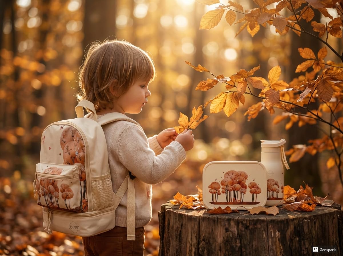 Jenard Brotdose & Trinkflasche Set für Kinder – Edelstahl Lunchbox mit Trennfach & auslaufsichere Thermoflasche – BPA-frei – Creme/Tiere im Wald