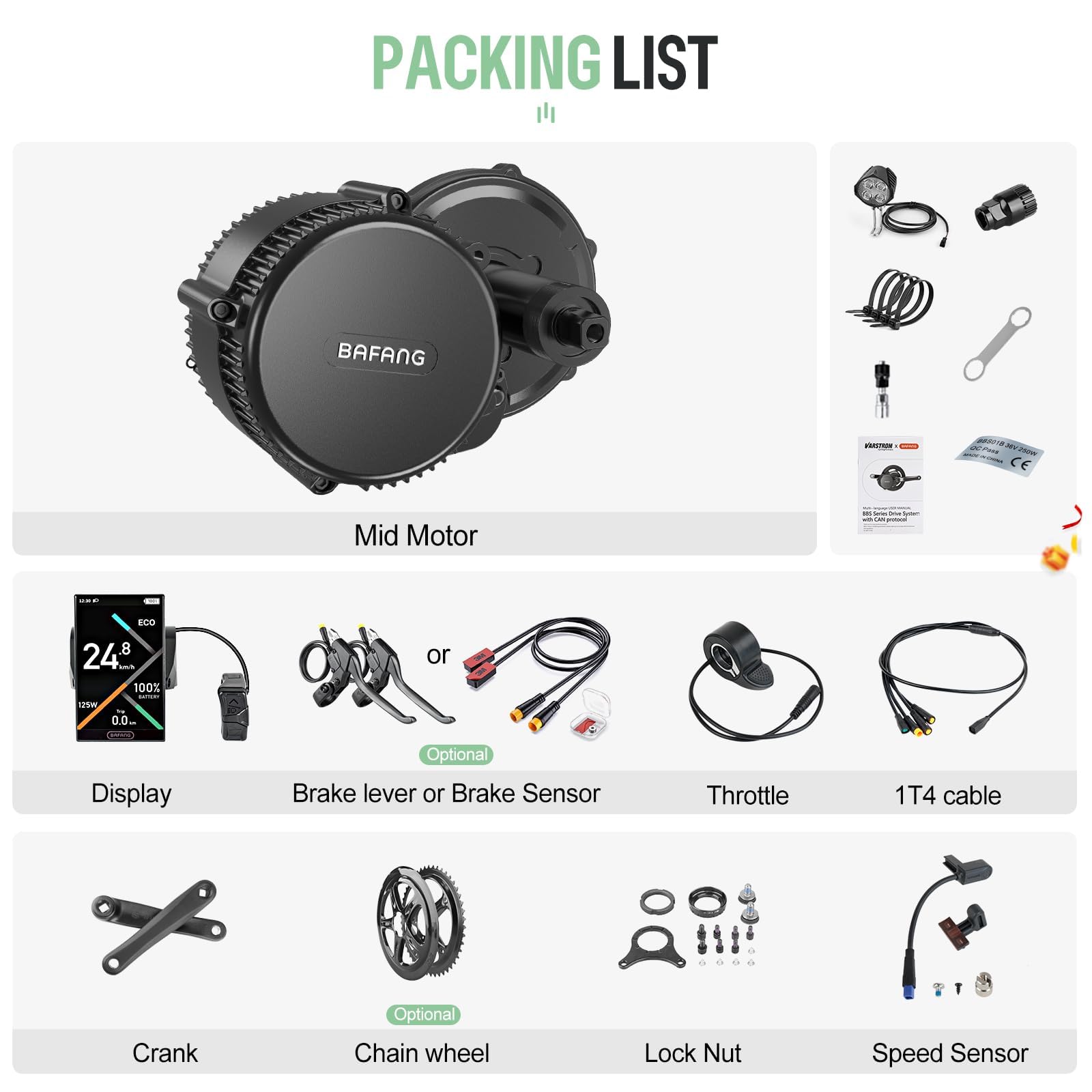 BAFANG Moteur 48V 250W Kit de Conversion Vélo Électrique BBS01B