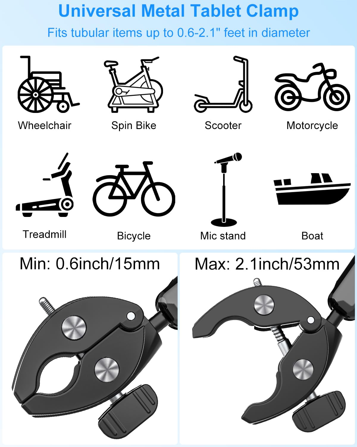 Support de tablette en métal pour iPad - Pour barre de fauteuil roulant, chariot de golf, poussette, vélo de fitness, vélo de route, VTT - Pince de guidon réglable à 360 ° pour iPad Pro, Air