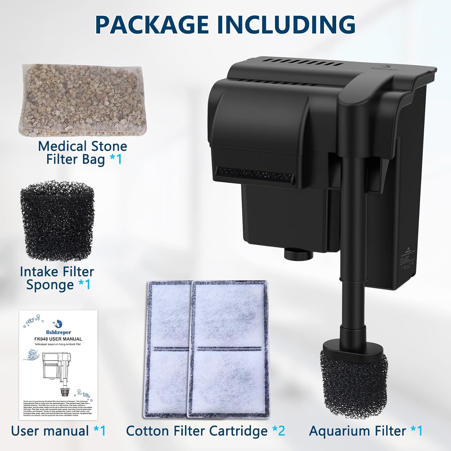 fishkeeper 5W 120GPH Ultra-Quiet Hang On Back Aquarium Filter, <28dB Whisper 4-Stage Biochemical Fish Tank Filter with Waterfall Oxygenation for 5-20Gal Fresh/Saltwater Tanks, w/Two Free Cartridges