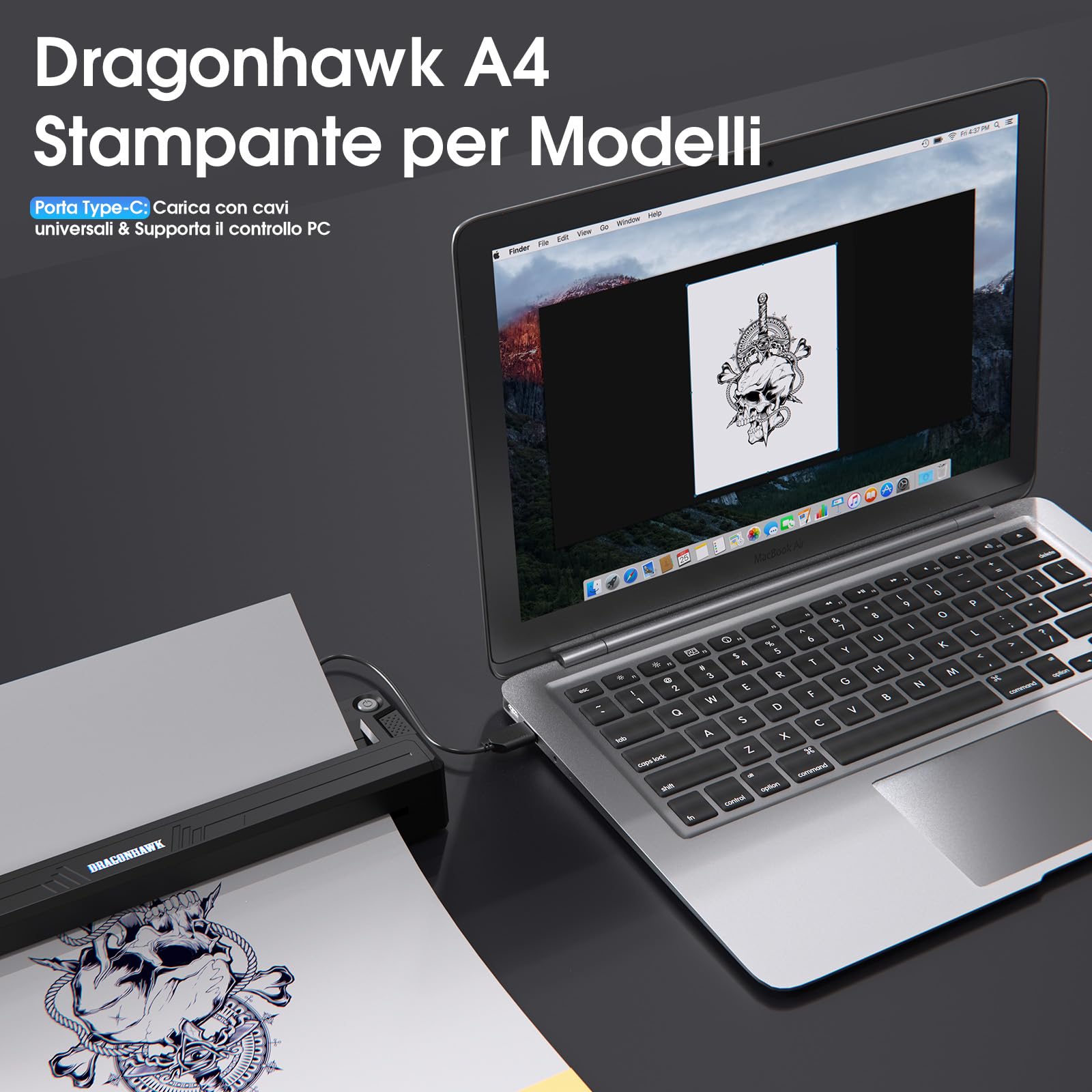 Dragonhawk A4 Stampante Termica Per Trasferelli Tatuaggi Senza Fili Portatile Compatibile Con Telefono Tablet PC Accessori Per Tatuatori Principianti e Professionisti