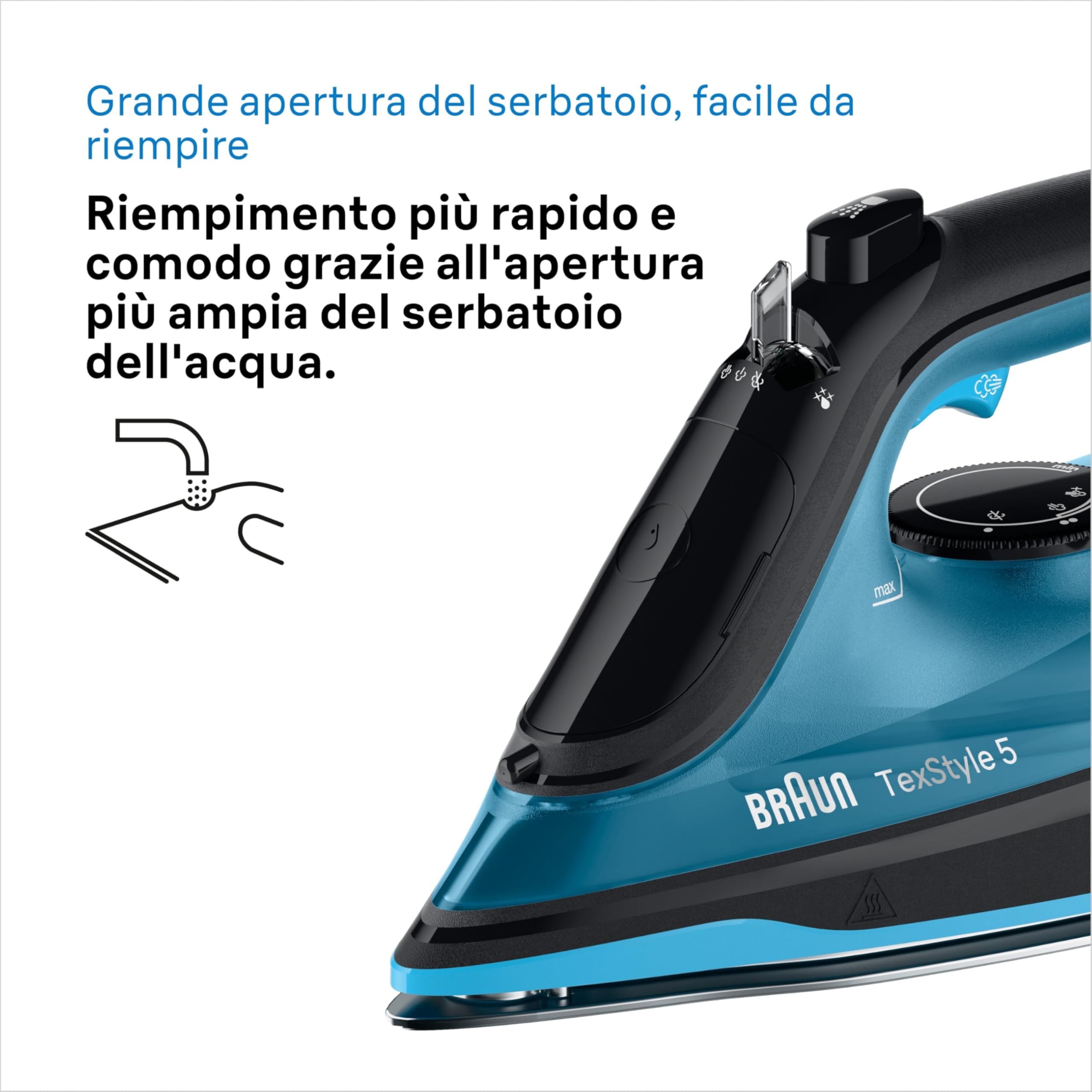 Braun TexStyle 5 SI5256BL, Ferro da Stiro con Piastra FreeGlide 3D SuperCeramic, Punta di Precisione, Manico Aperto Ergonomico, Ricarica 300ml, Sistema Antigoccia, Colpo Vapore 210 g/min, 2600W, Blu