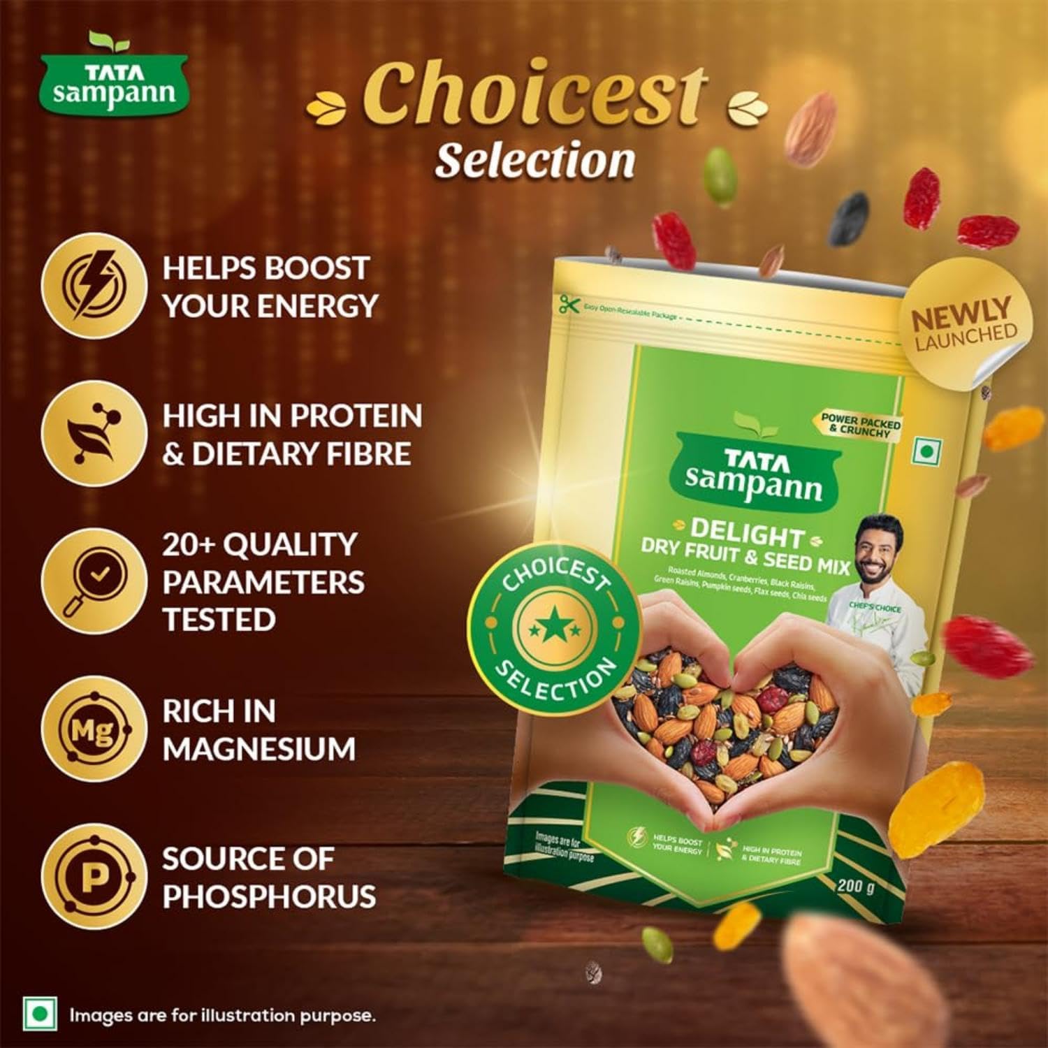 Tata Sampann Delight Dry Fruit & Seed Mix | Power Packed & Crunchy Snack | Trail Mix | High in Protein & Dietary Fibre | Rich in Magnesium | Source of Phosphorus | 200g | Roasted Almonds, Cranberries, Black Raisins, Green Raisins, Pumpkin Seeds, Flax Seeds & Chia Seeds 2
