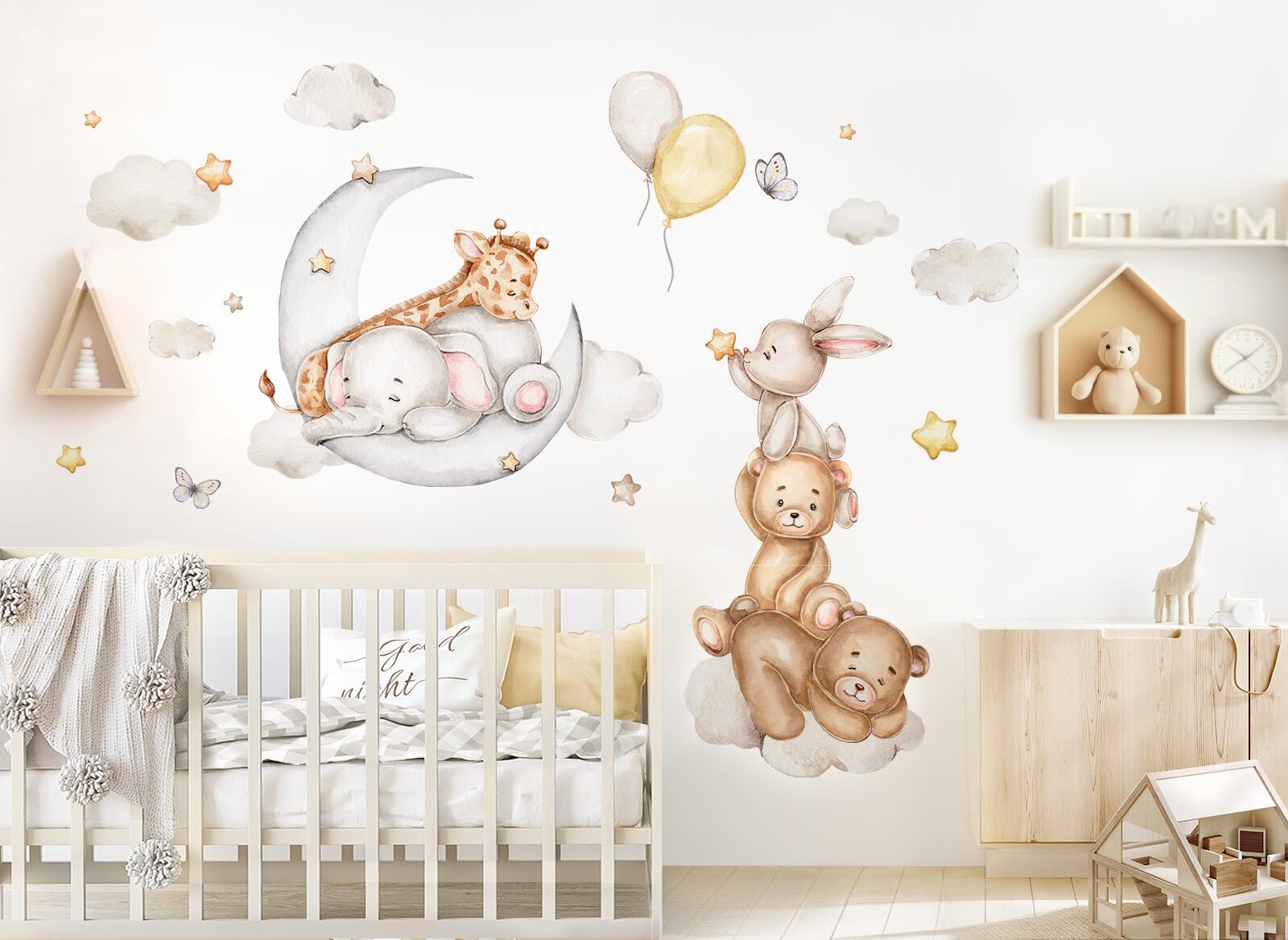 Little Deco DL5017-03 - Adesivo da parete con luna, animali, per la cameretta dei bambini, con palloncino e orso, stile bohémien, con elefante, coniglio, cameretta dei bambini, decorazione da parete