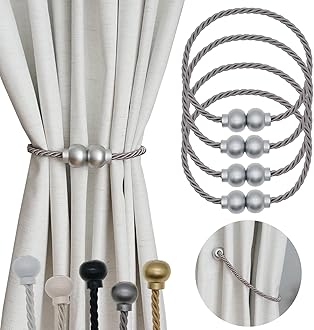 4 Pack Magnetic Curtain Tiebacks Modern Handmade Rope Curtain Tie Backs Decorative Drapes Weave Holdbacks for Home Outdoor Bedroom Office Decorative Curtain, Grey