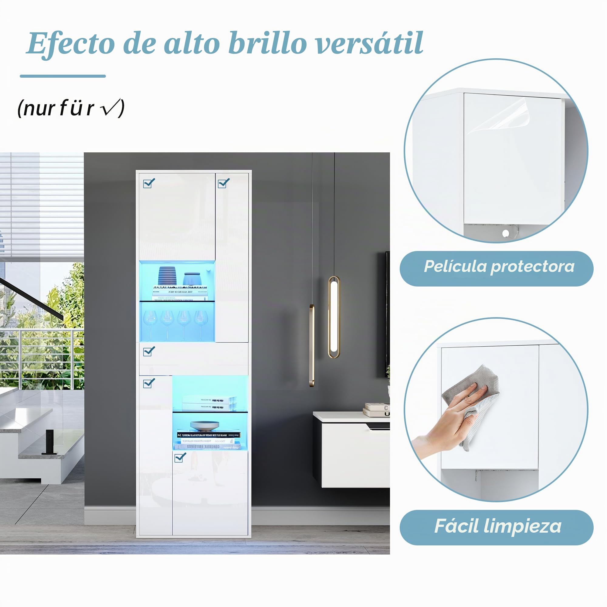 TIZZ Vitrina de venta 55 x 38 x 170 cm, armario alto con 1 cajón y 4 armarios, vitrina de cristal con iluminación LED, diseño brillante, armarios de salón, vitrinas, vitrinas, vitrinas, vitrinas