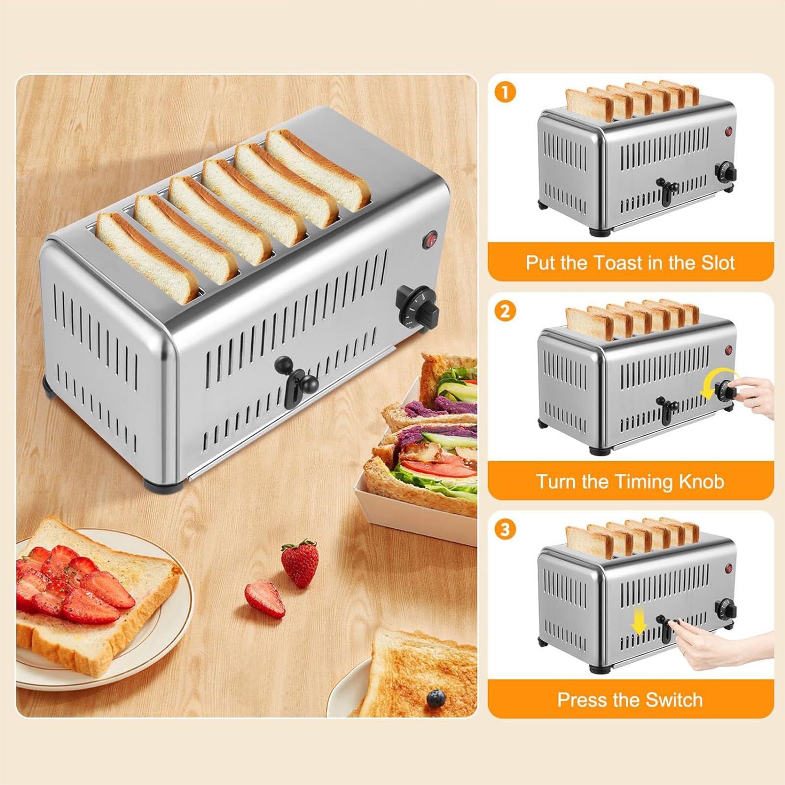 Tostadora Comercial de 2240 W, Tostadora de 6 Rebanadas, Tostadora Mejorada de Acero Inoxidable, Máquina para Hornear Pan Comercial, con Ranuras Anchas y Bandeja para Migas Extraíble
