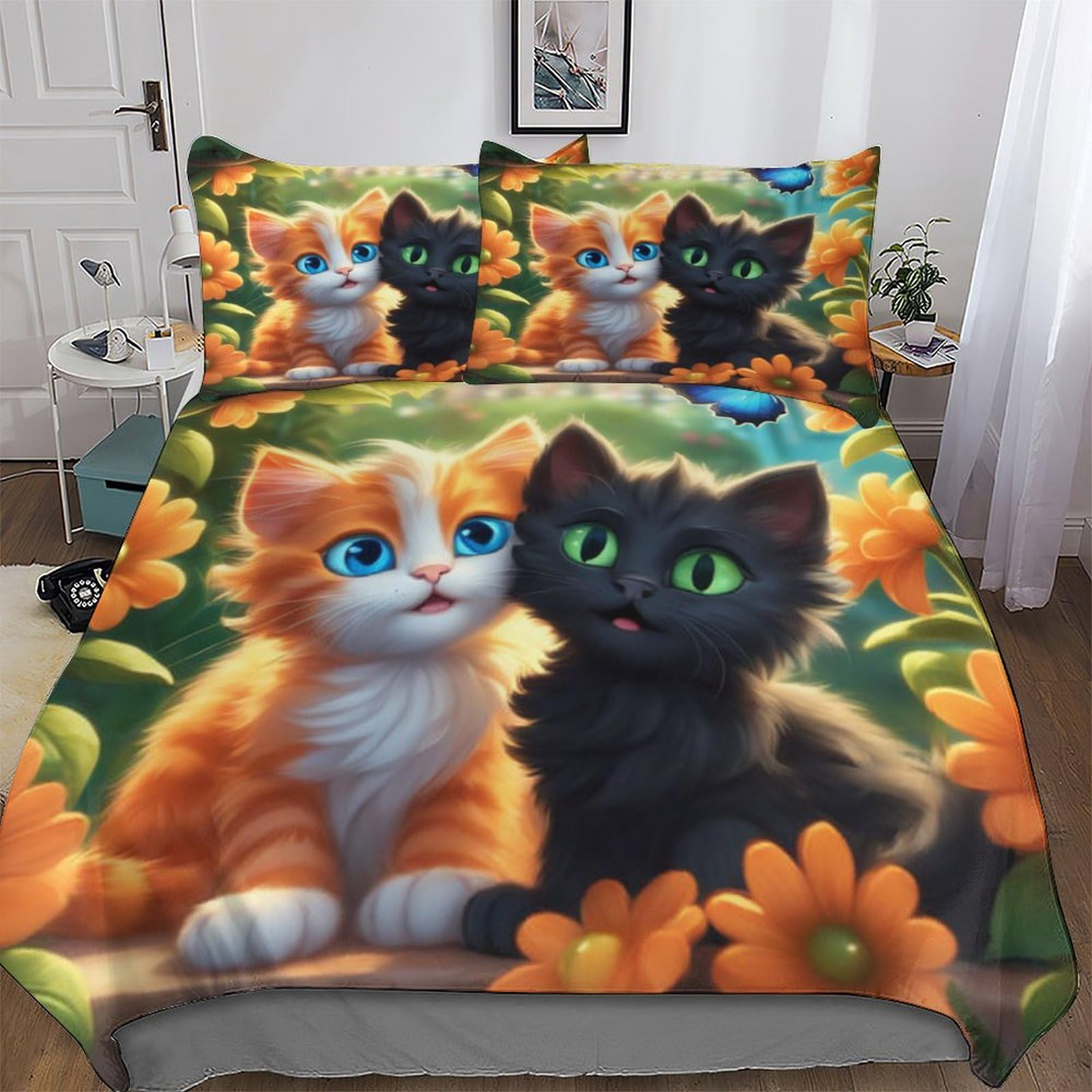 Housse de couette chat 220x240 cm en microfibre avec 2 taies d'oreiller