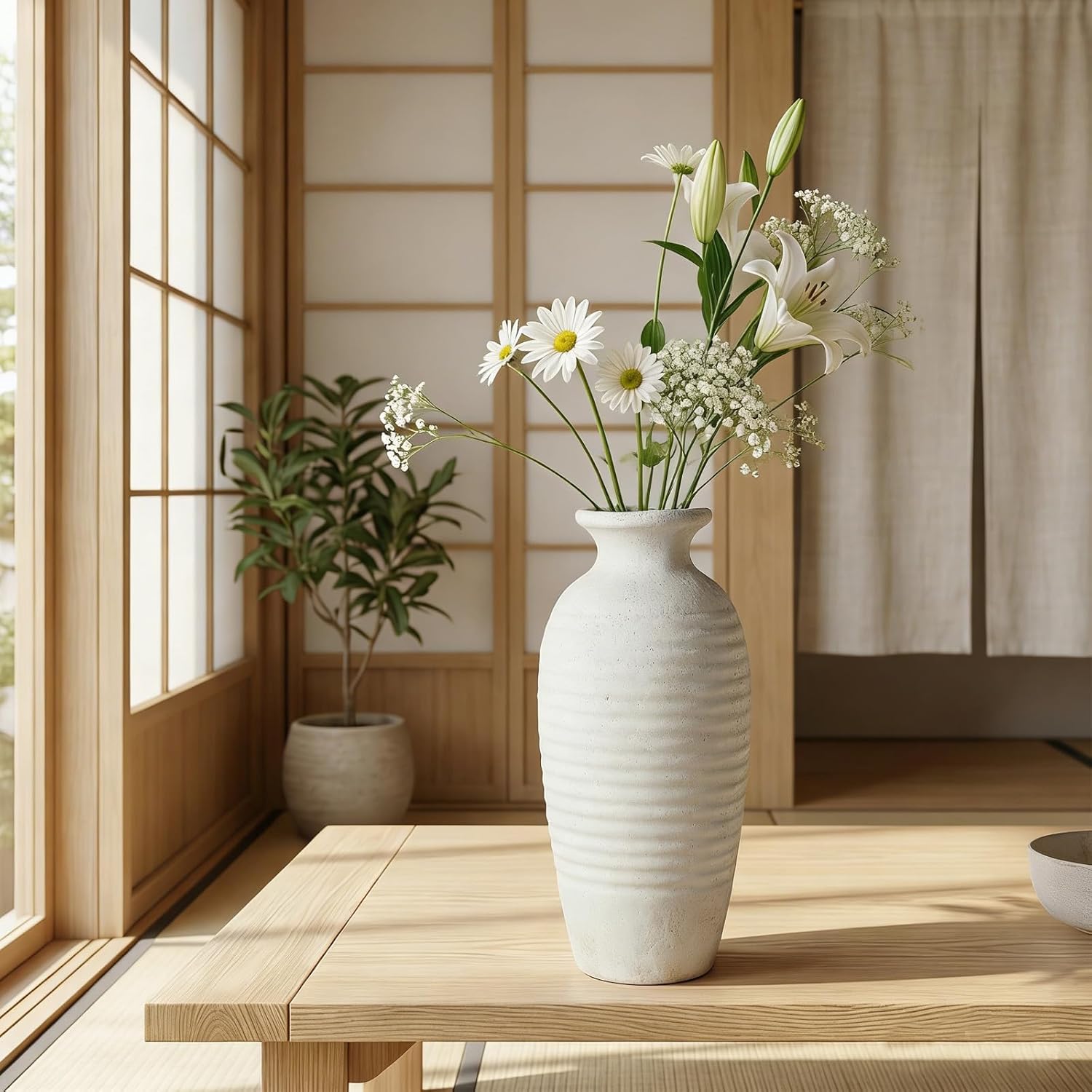 Ceramic Farmhouse Vase, 14.4 Inch Large Handmade Rustic Flower Vase, Waterproof Tall Vase for Pampas Grass & Home Decor, Ideal for Living Room, Shelf, Wedding & Housewarming Gift in Off-White