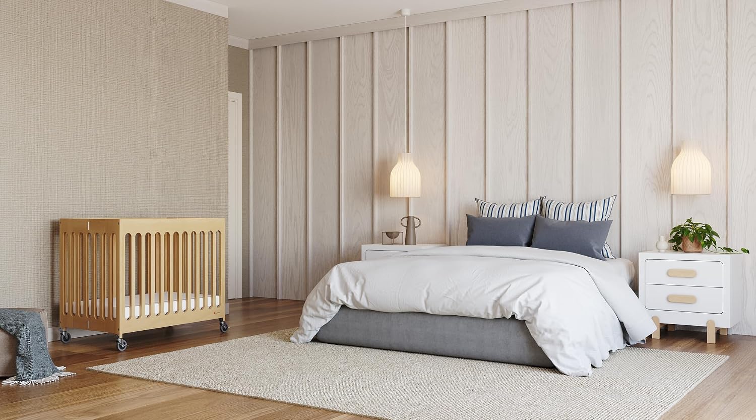 Foundations Boutique Folding Mini Baby Crib, Compact, Portable, Wooden Hotel Crib, Foldable Mini Crib for Baby & Toddlers, Includes 3" Foam Mattress, Natural